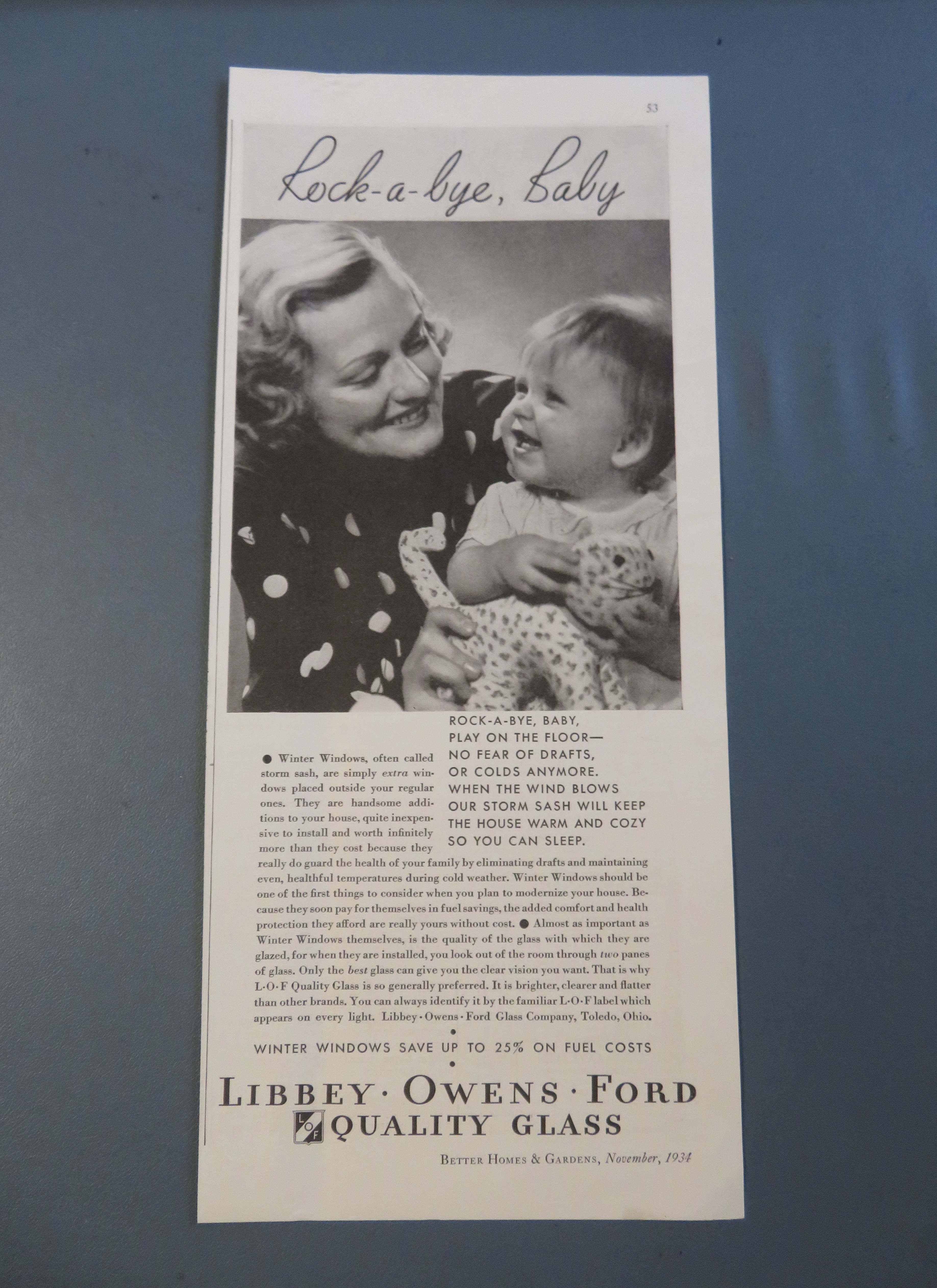 1934 Libbey Owens Ford Quality Glass w/ Woman & Baby