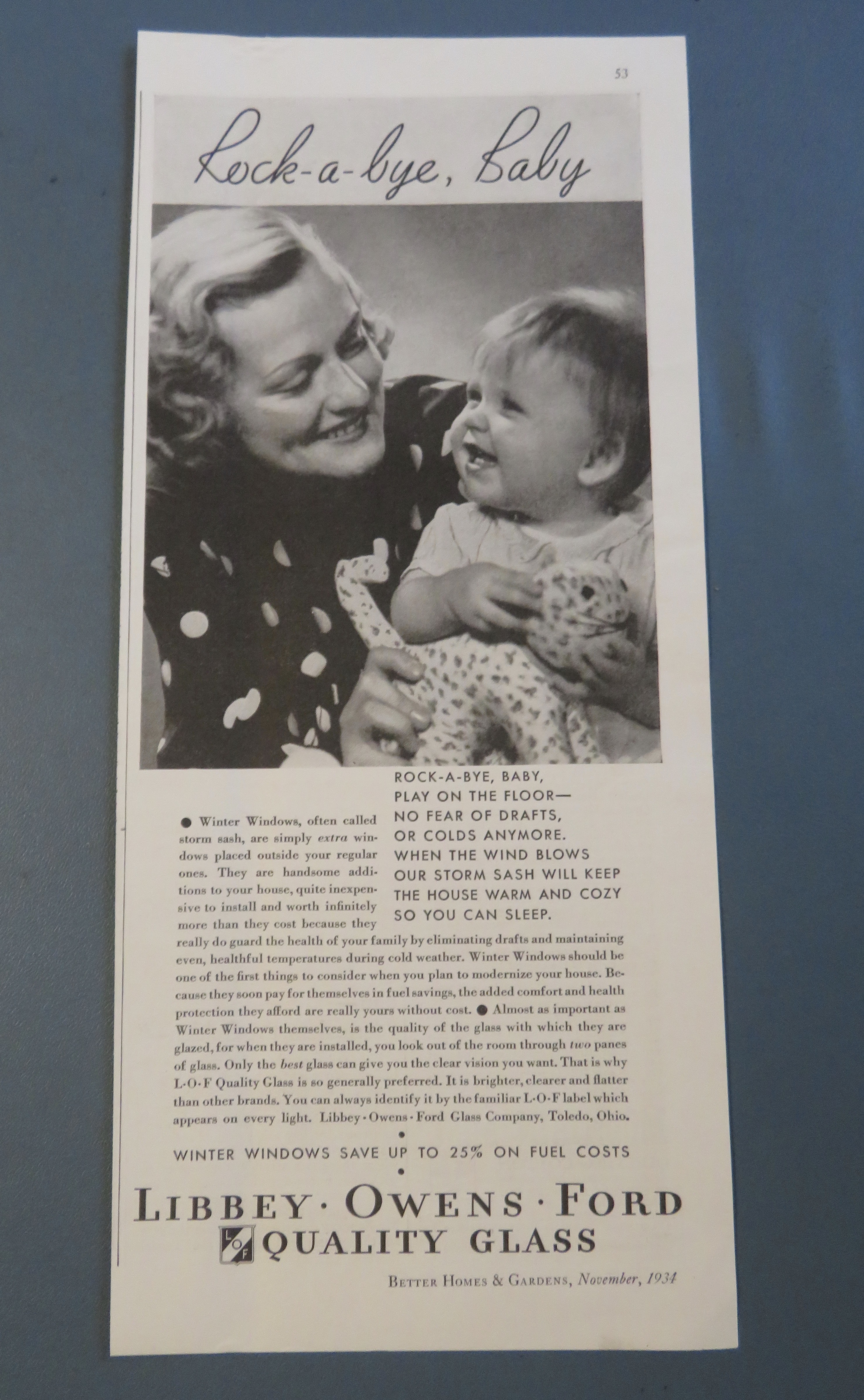 1934 Libbey Owens Ford Quality Glass w/ Woman & Baby
