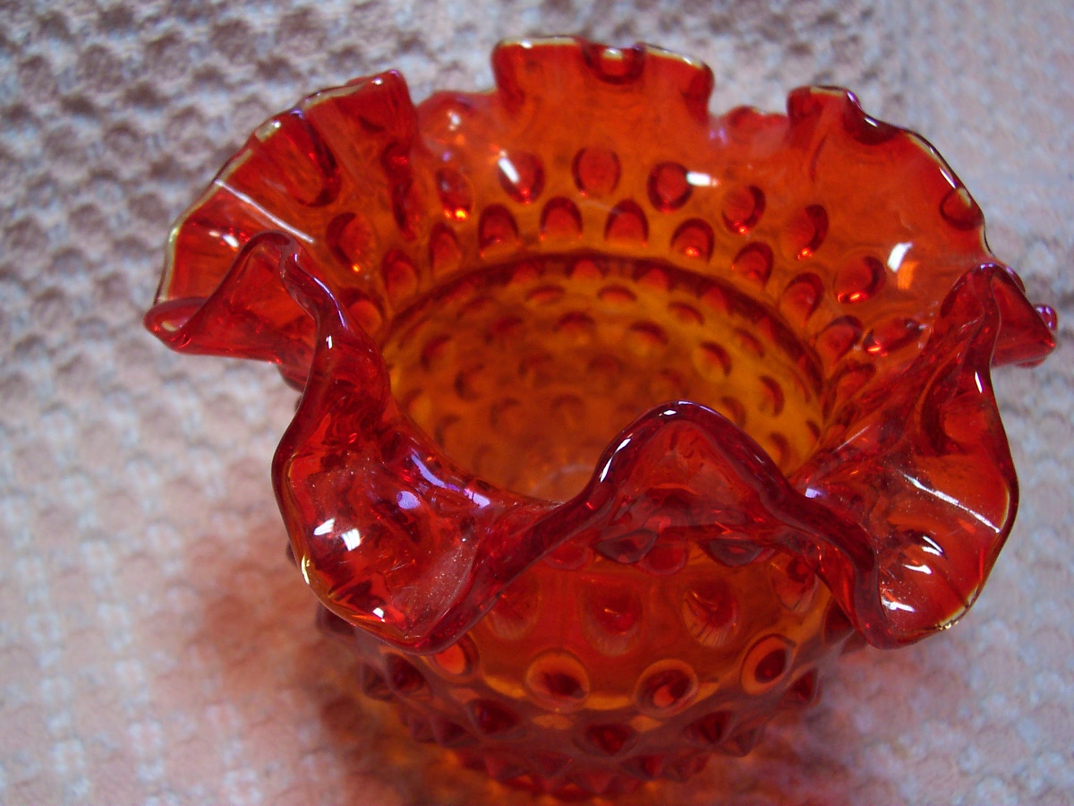 Fenton Amberina Hobnail Glass Rose Bowl