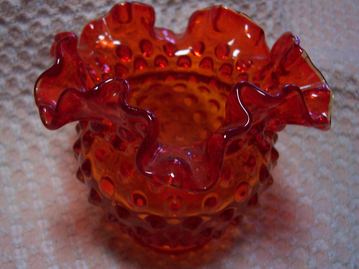 Fenton Amberina Hobnail Glass Rose Bowl