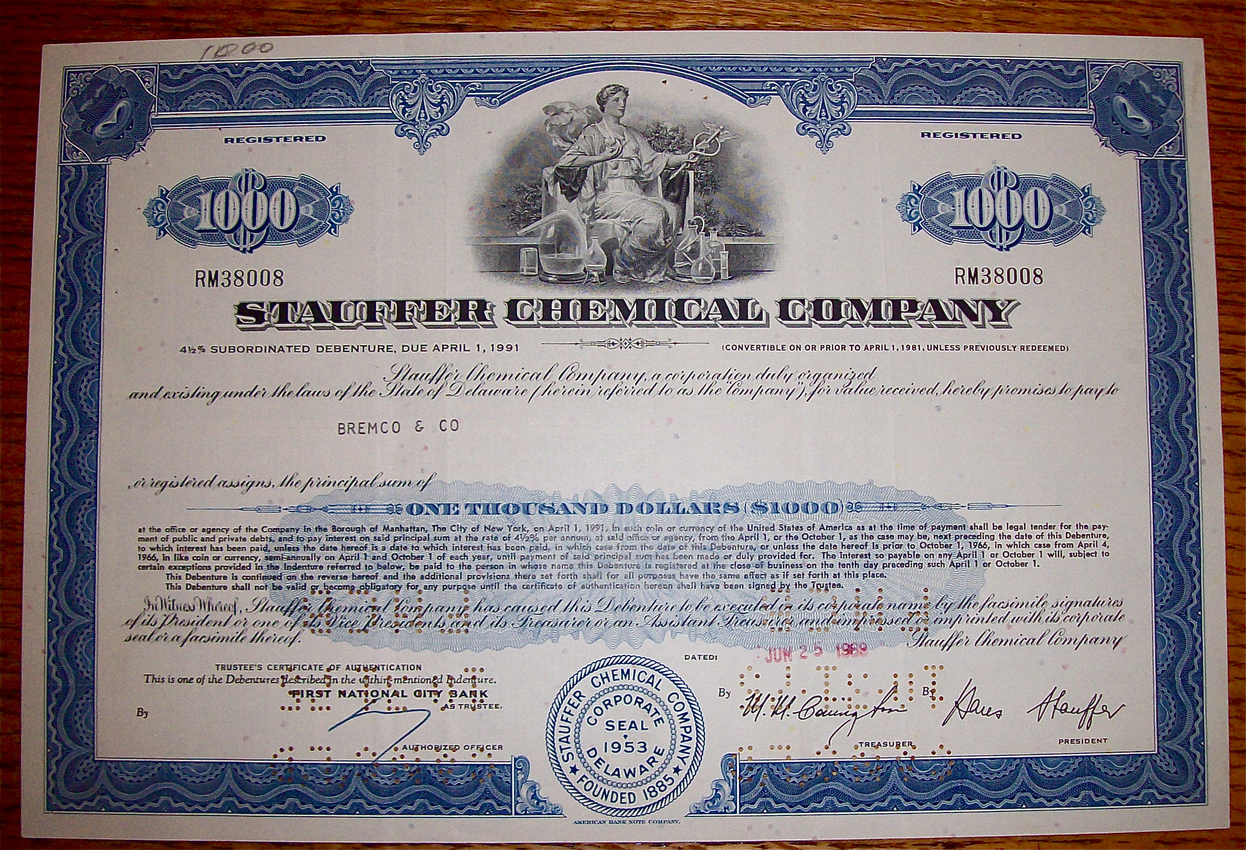 1969 Stauffer Chemical Company Stock Certificate