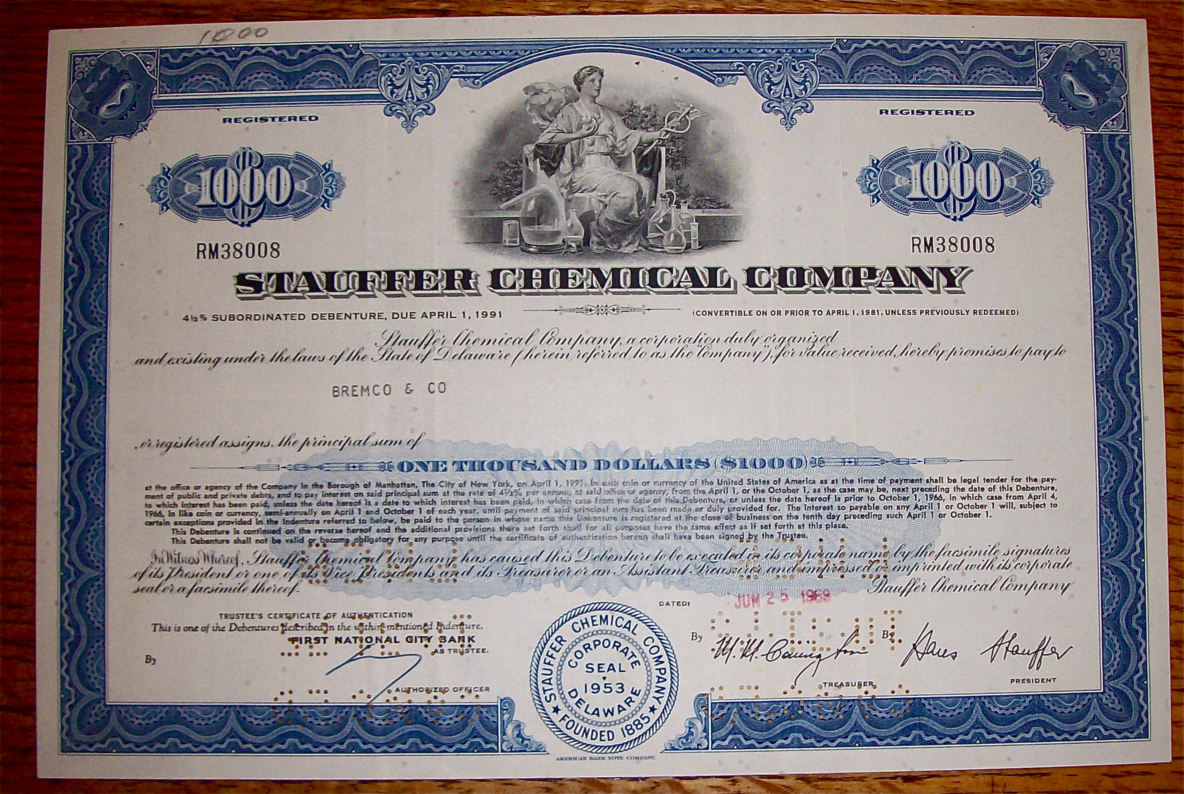 1969 Stauffer Chemical Company Stock Certificate