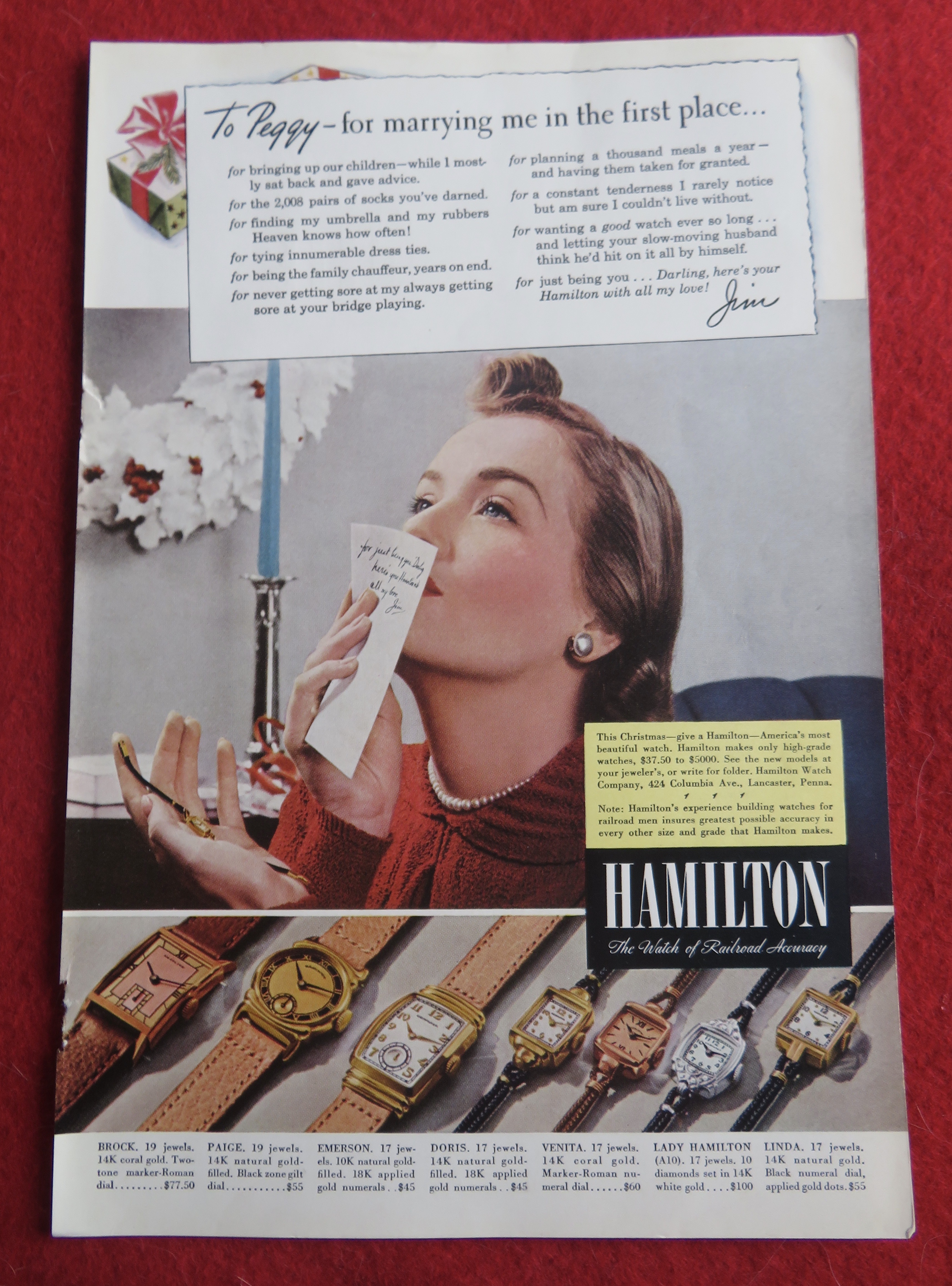 1940 Hamilton Watch with Woman Pressing Note To Lips