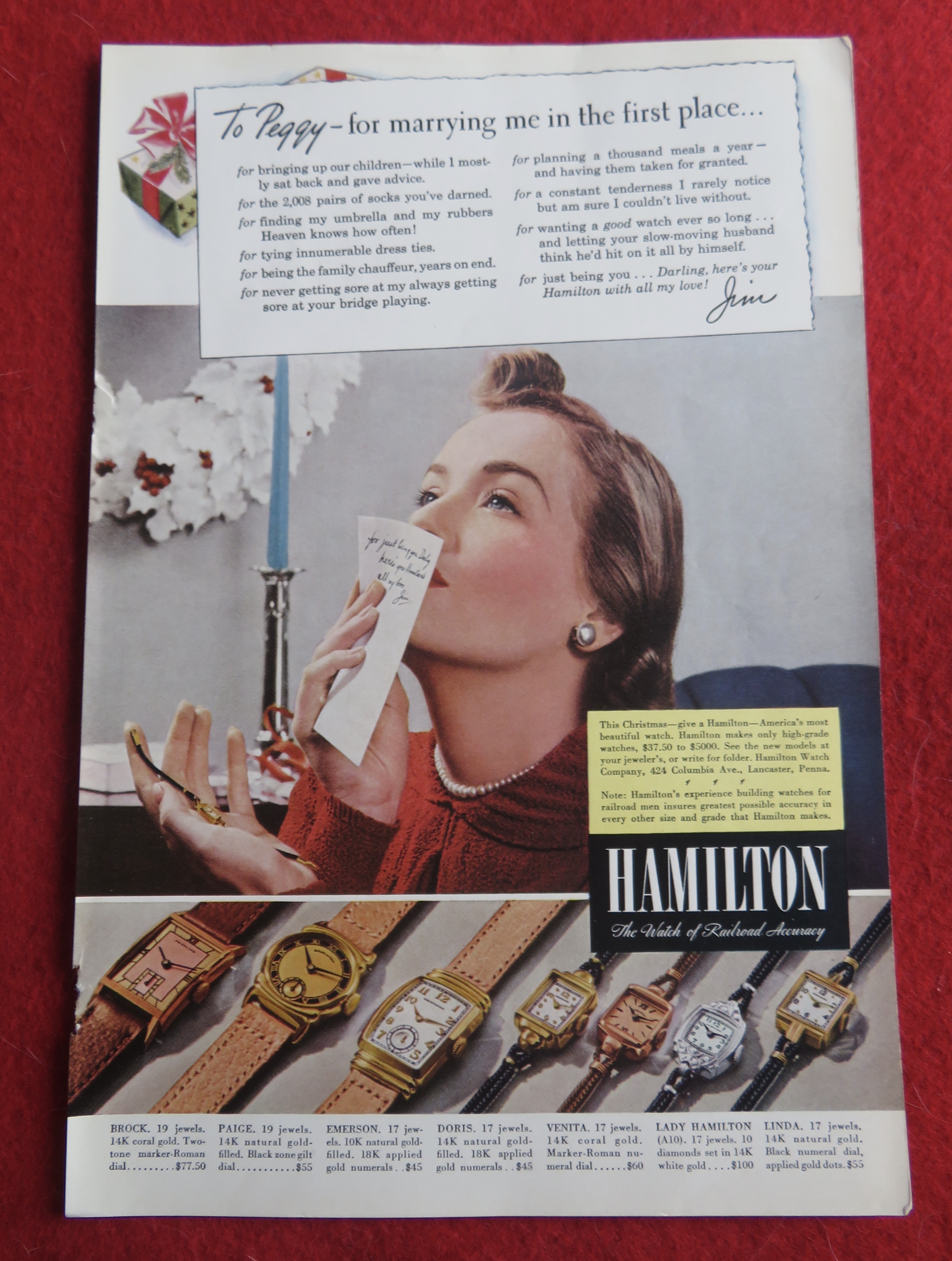 1940 Hamilton Watch with Woman Pressing Note To Lips