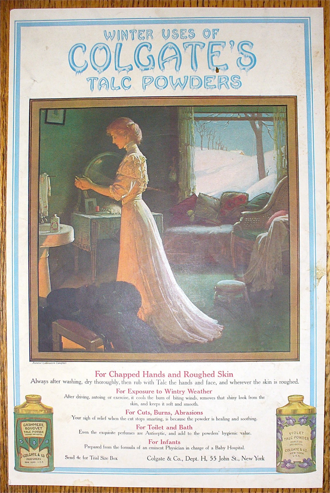 1907 Colgate's Talc Powder w/Woman Rubbing Lotion