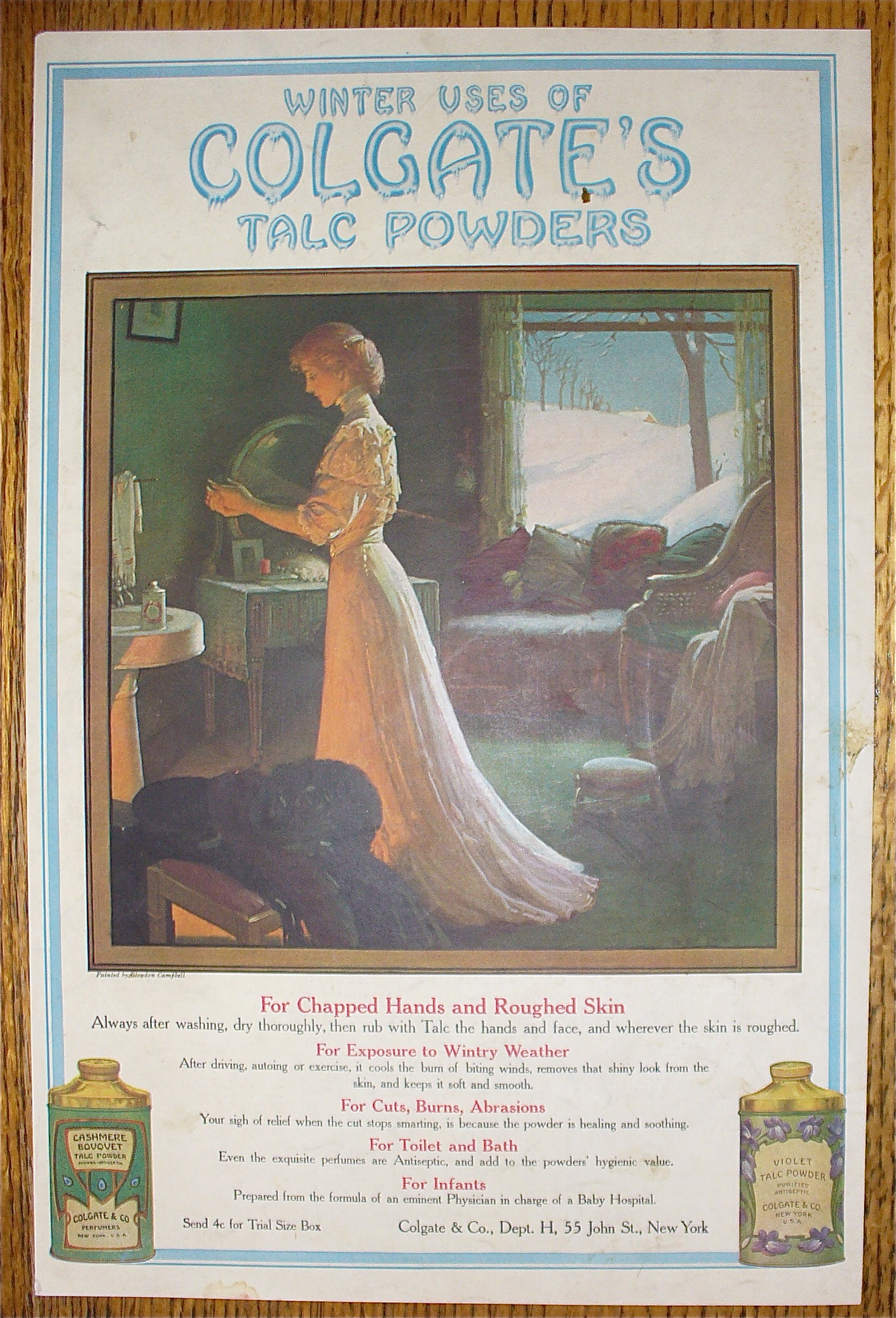1907 Colgate's Talc Powder w/Woman Rubbing Lotion