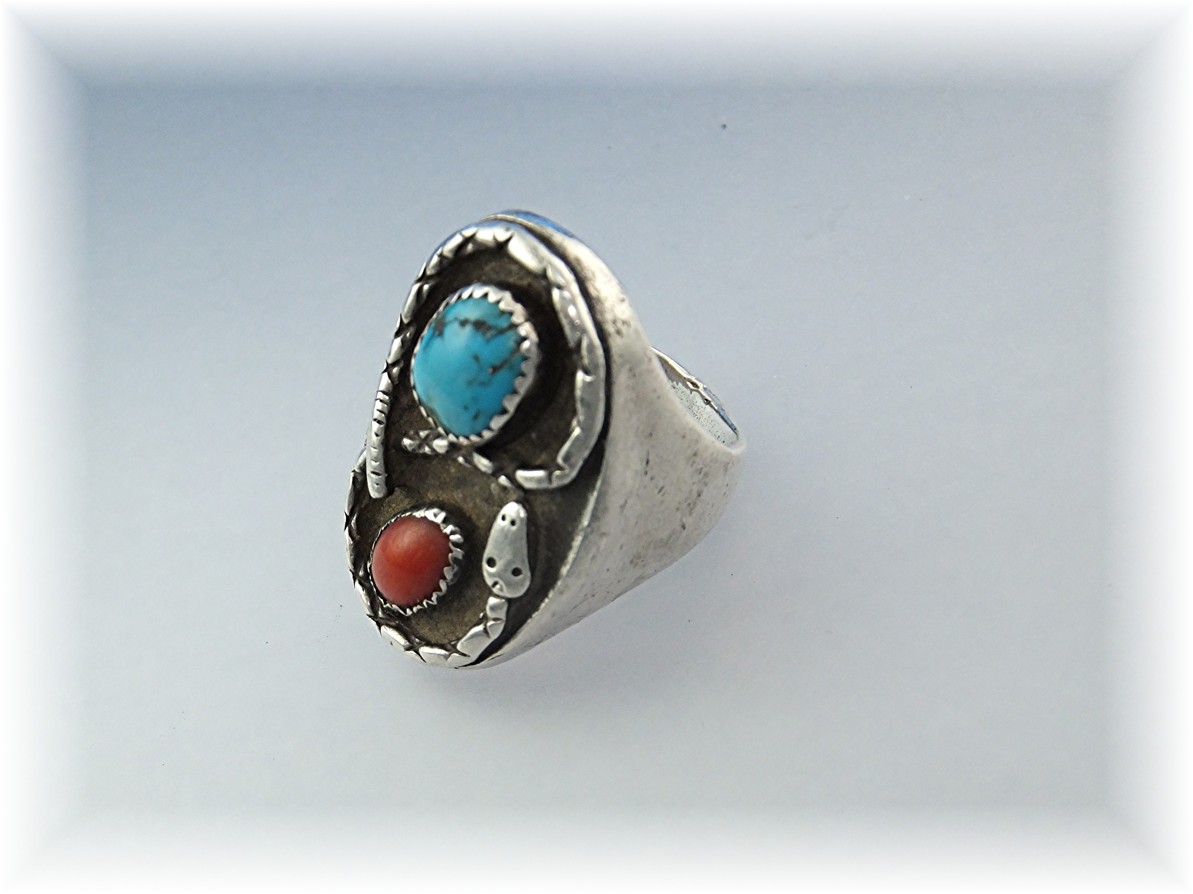 Native American Sterling Silver Coral Turquoise Snake