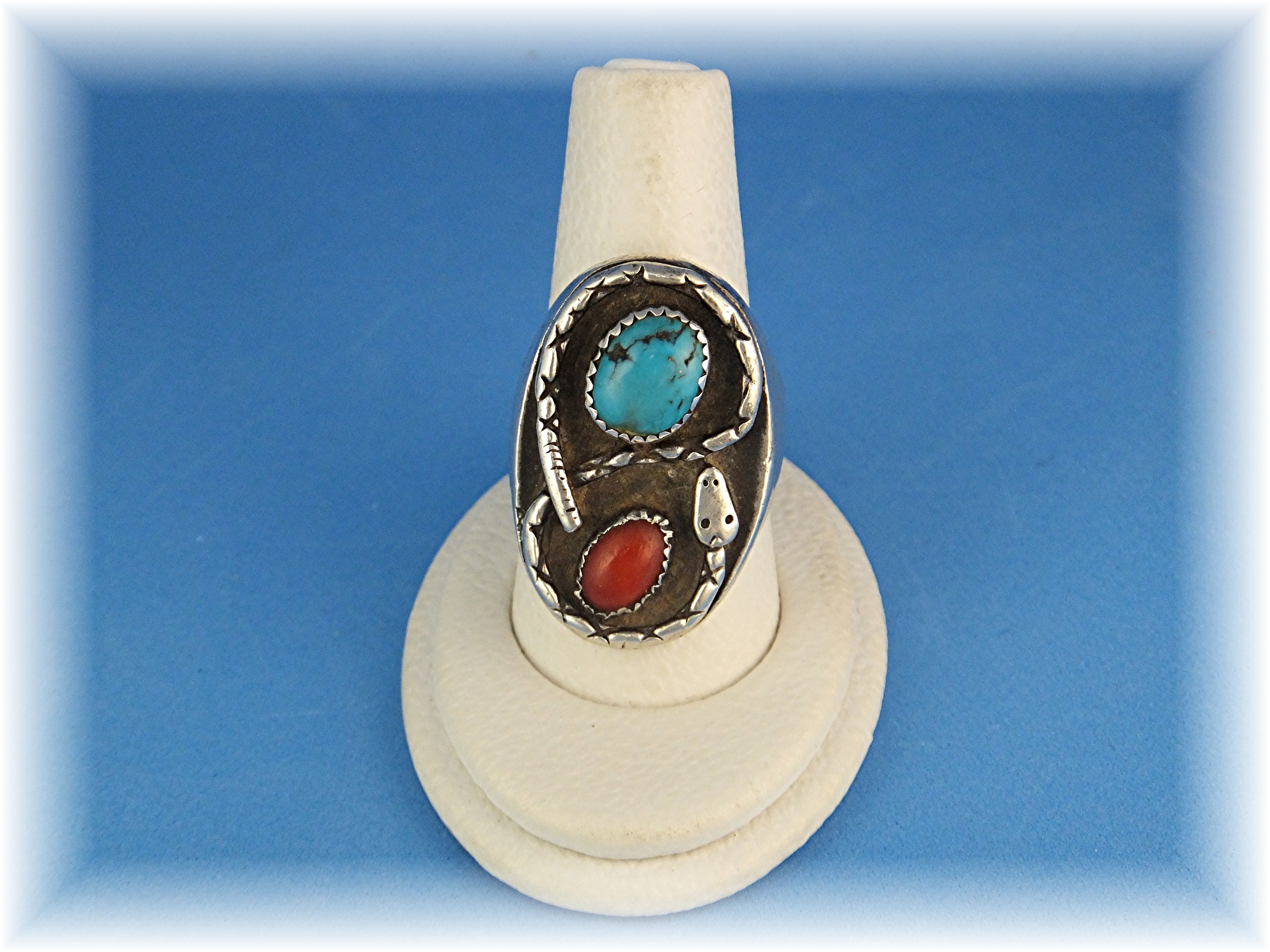 Native American Sterling Silver Coral Turquoise Snake