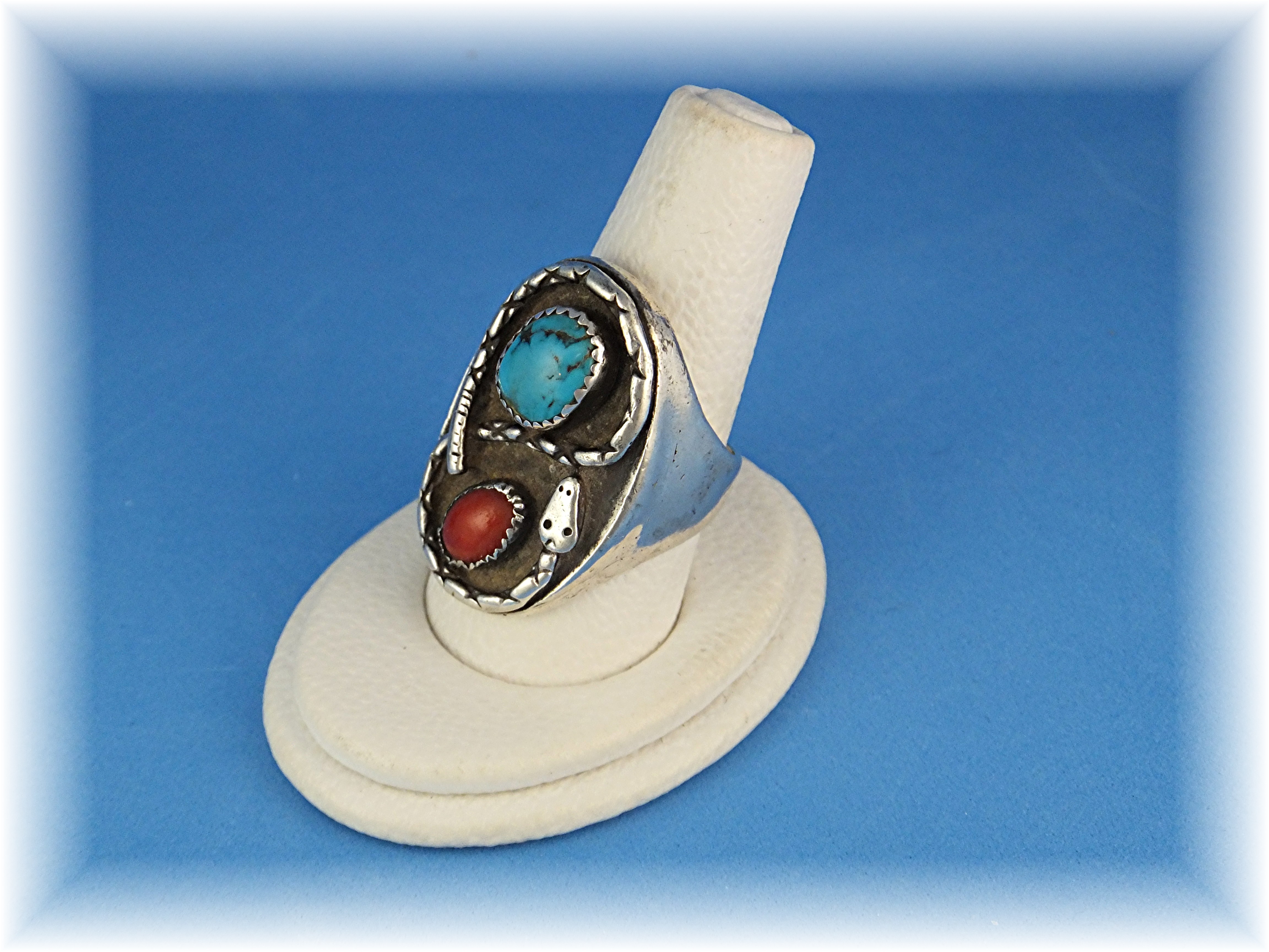 Native American Sterling Silver Coral Turquoise Snake
