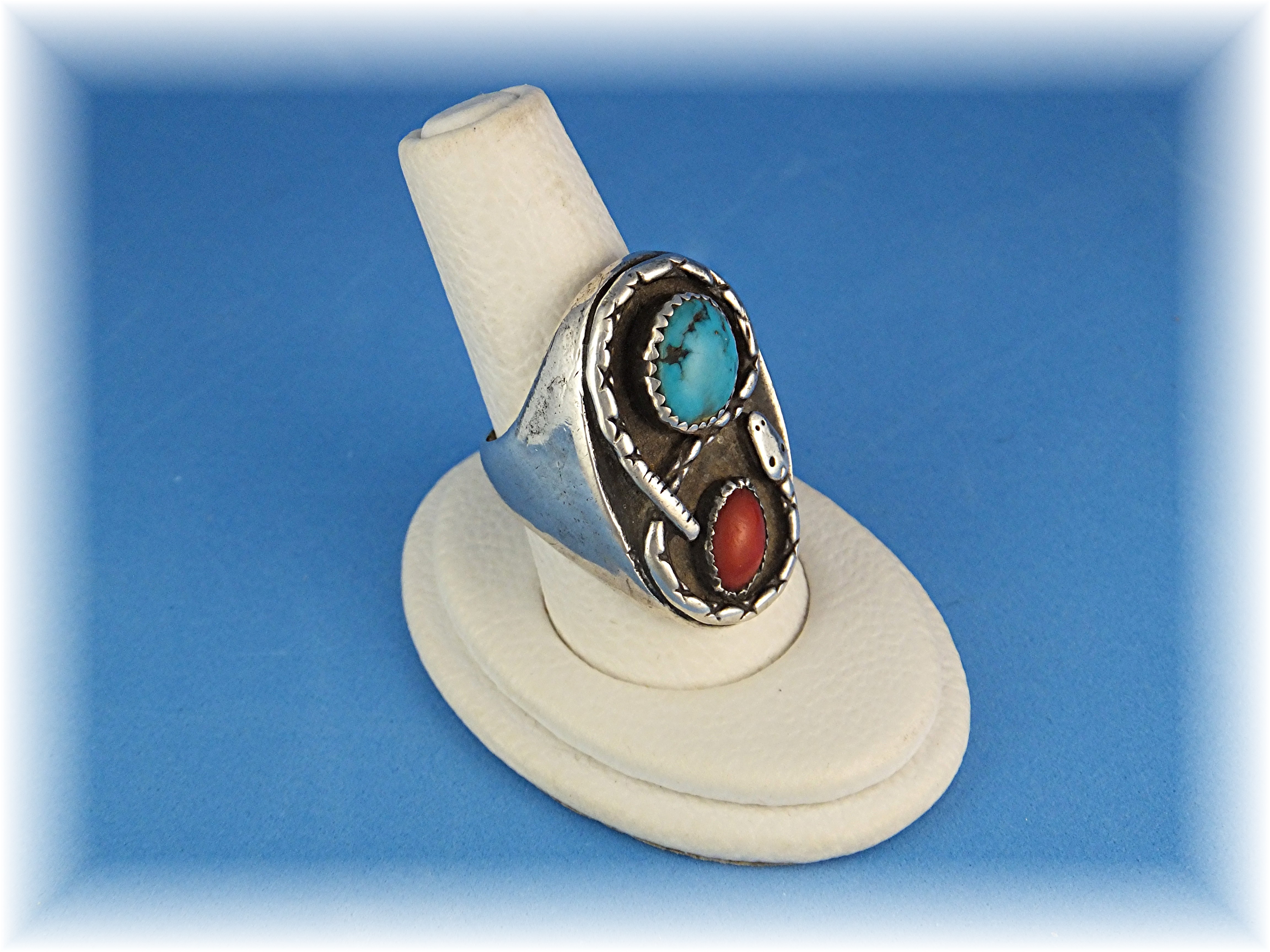 Native American Sterling Silver Coral Turquoise Snake