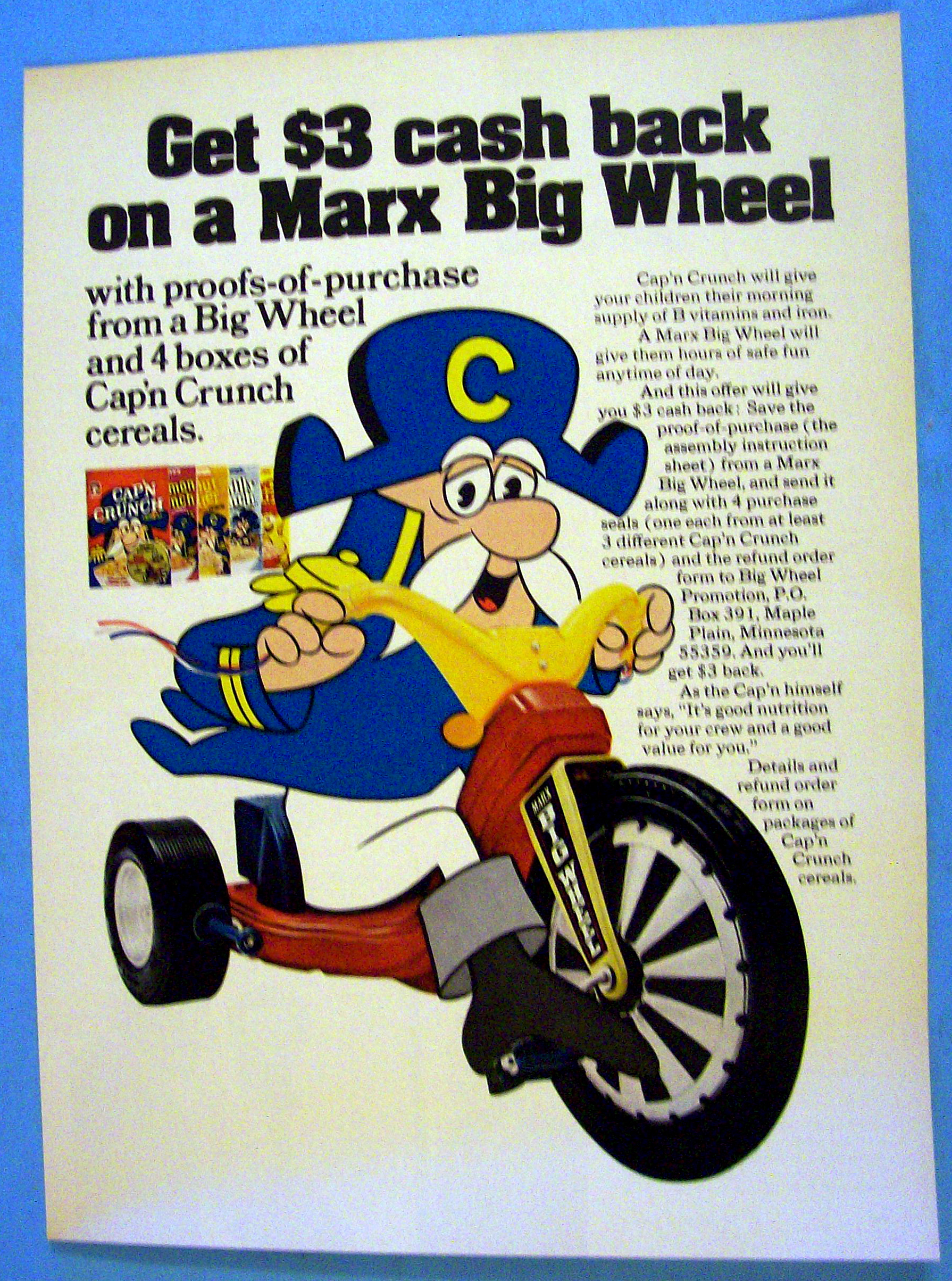 1974 Captain Crunch Cereal w/Captain Crunch & Big Wheel