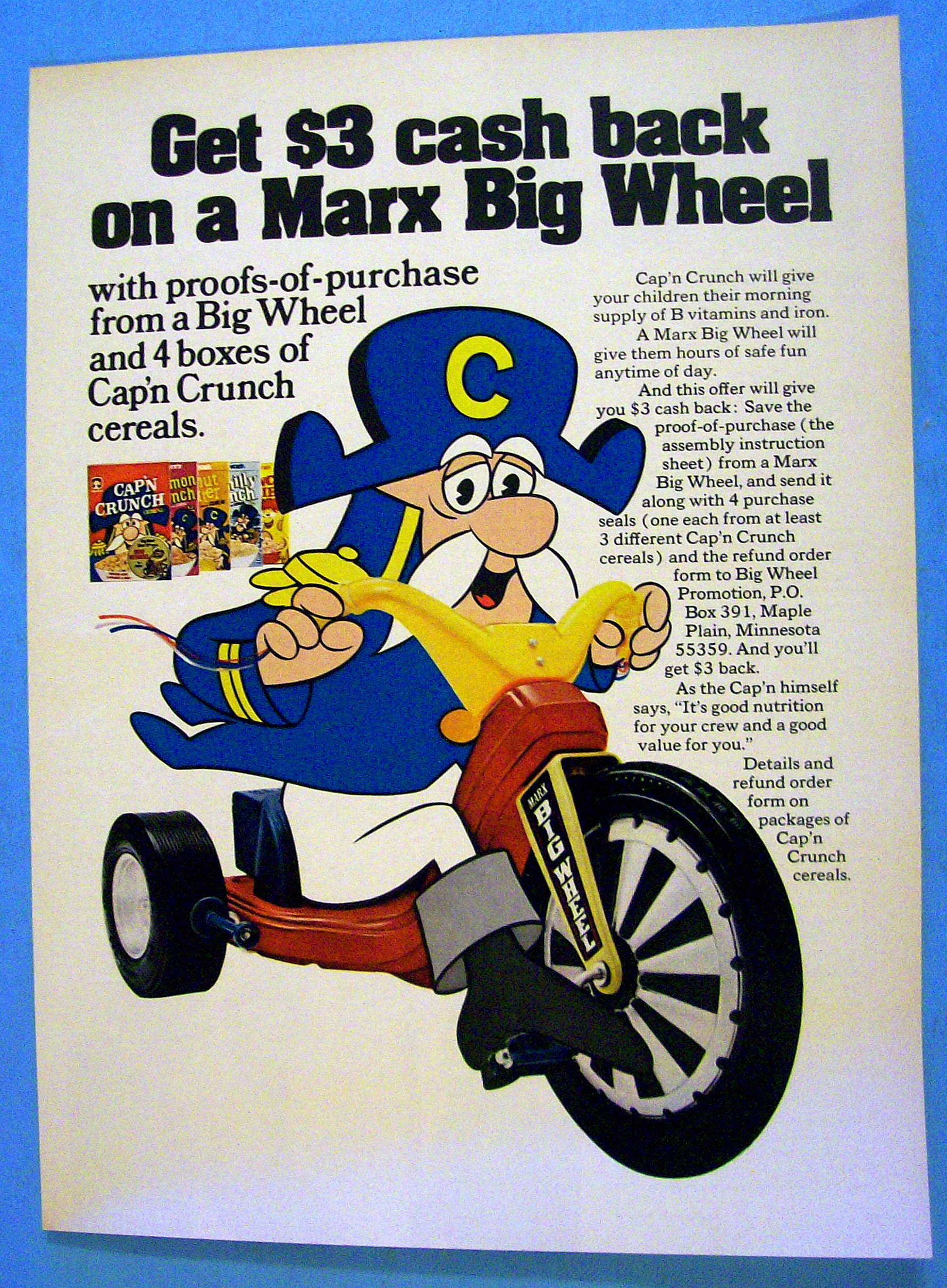 1974 Captain Crunch Cereal w/Captain Crunch & Big Wheel