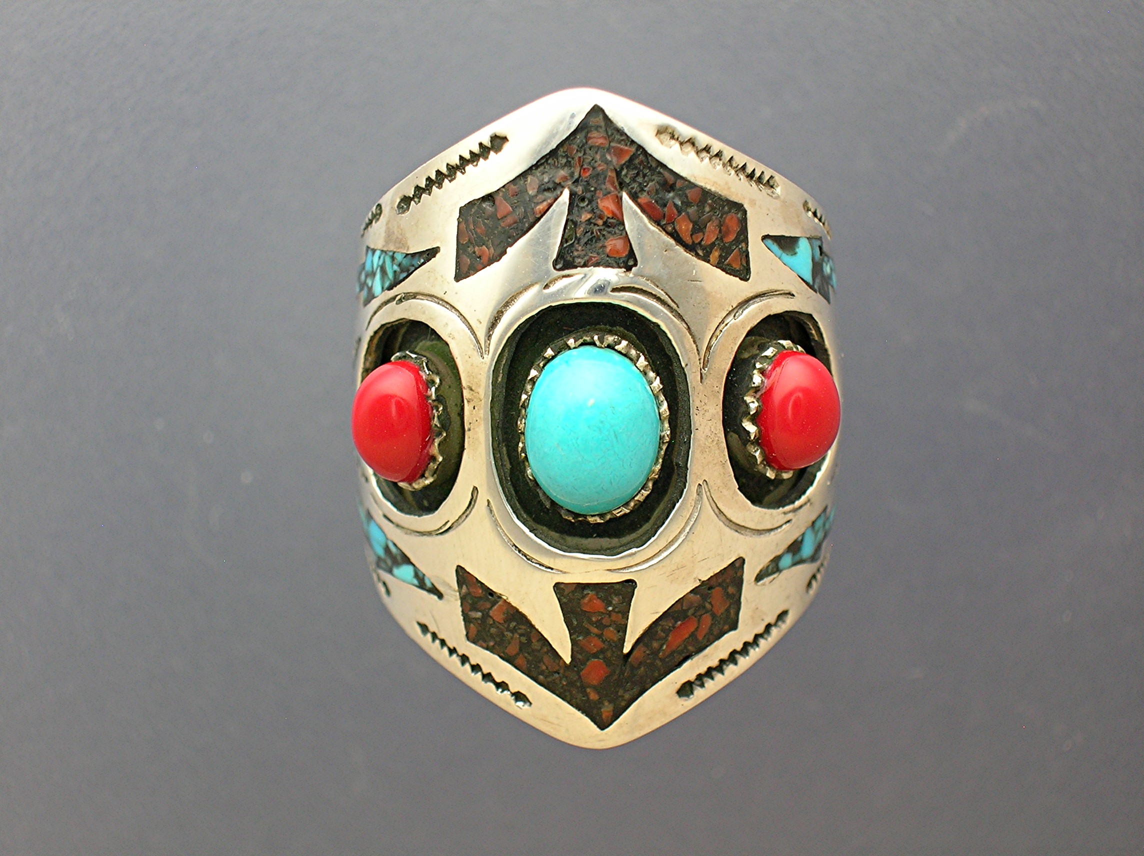 Native American Sterling Silver Coral Turquoise Ring NG