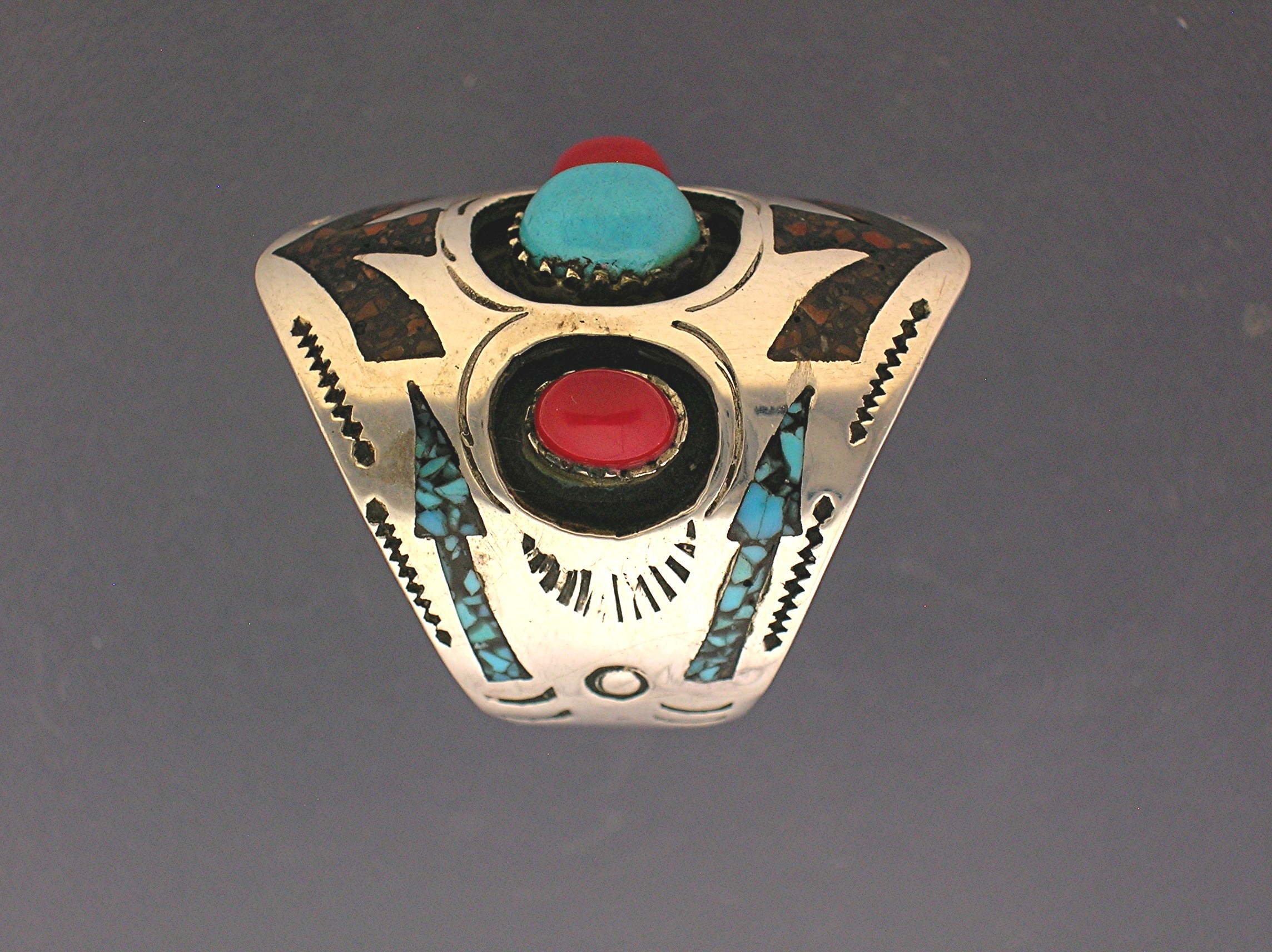 Native American Sterling Silver Coral Turquoise Ring NG