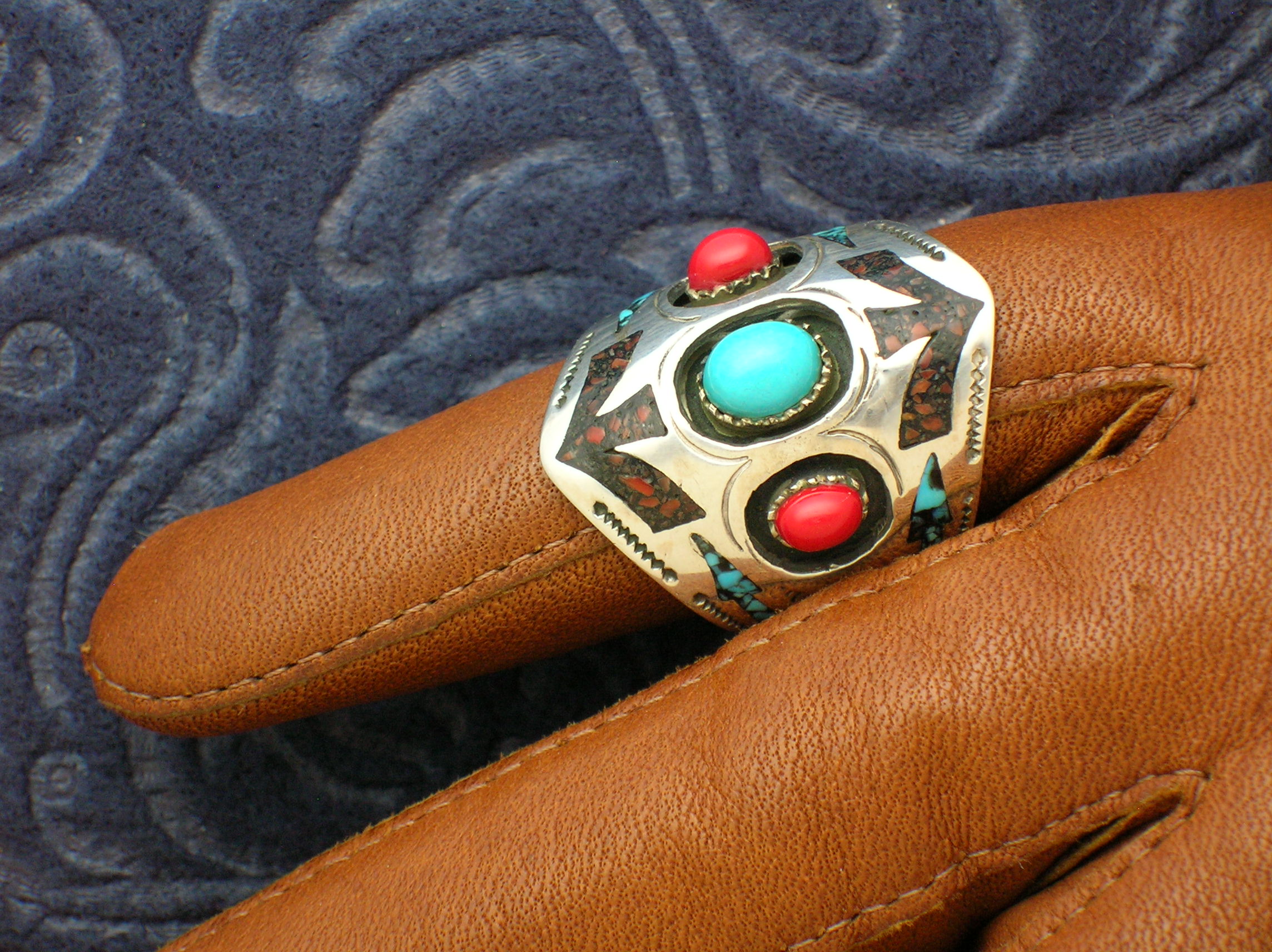 Native American Sterling Silver Coral Turquoise Ring NG
