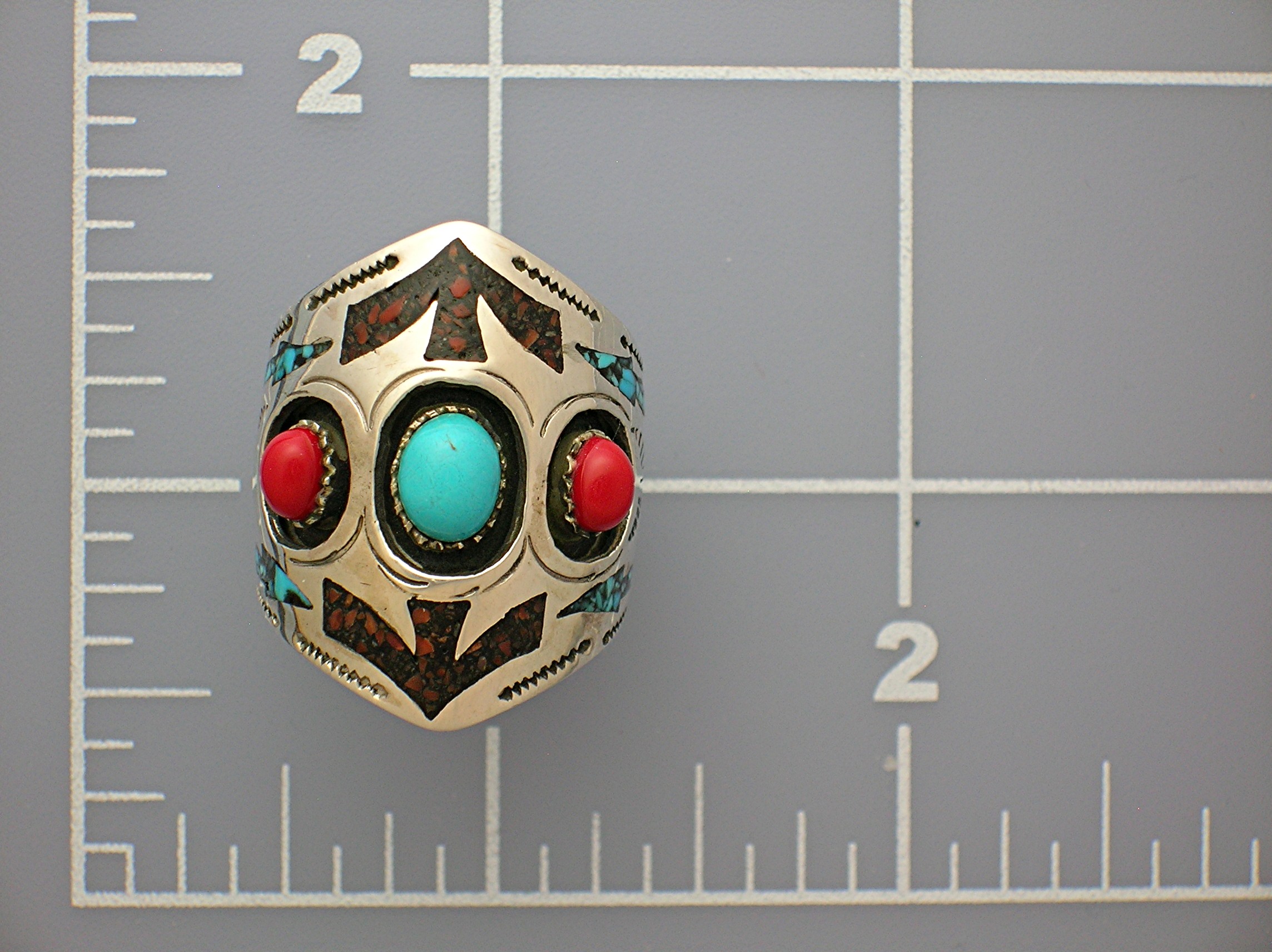 Native American Sterling Silver Coral Turquoise Ring NG