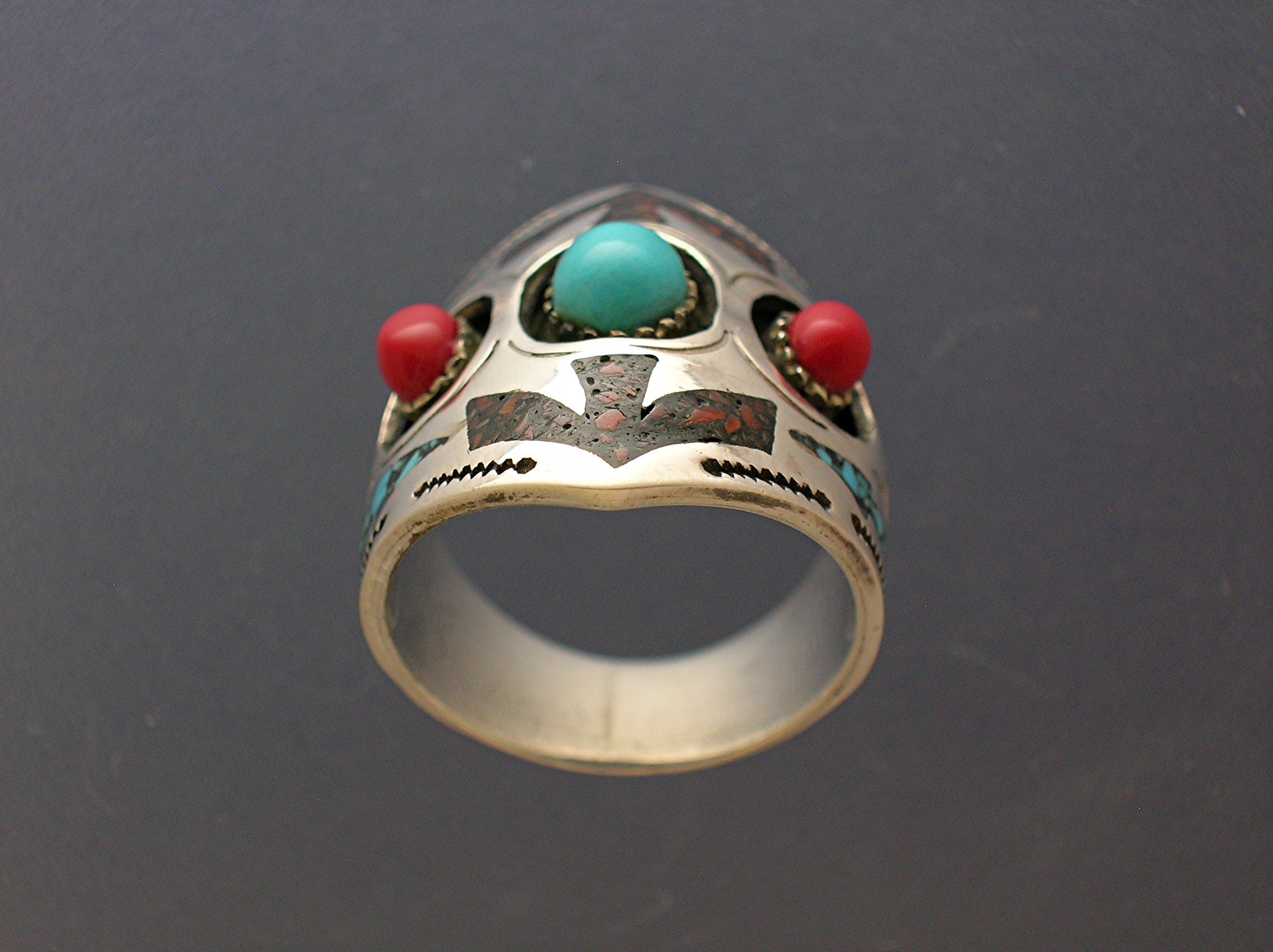 Native American Sterling Silver Coral Turquoise Ring NG