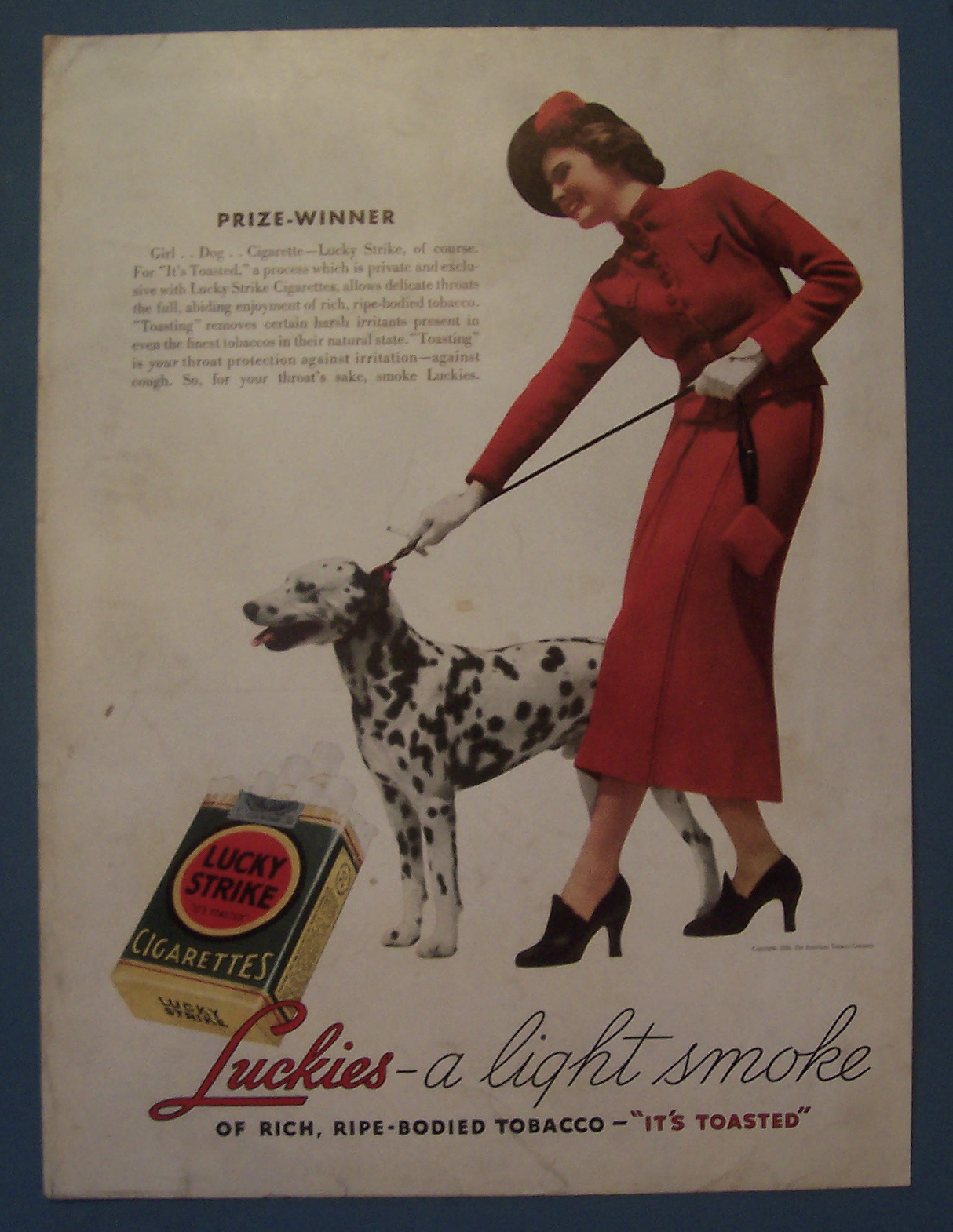 1936 Lucky Strike Cigarettes w/Woman Walking Dalmatian