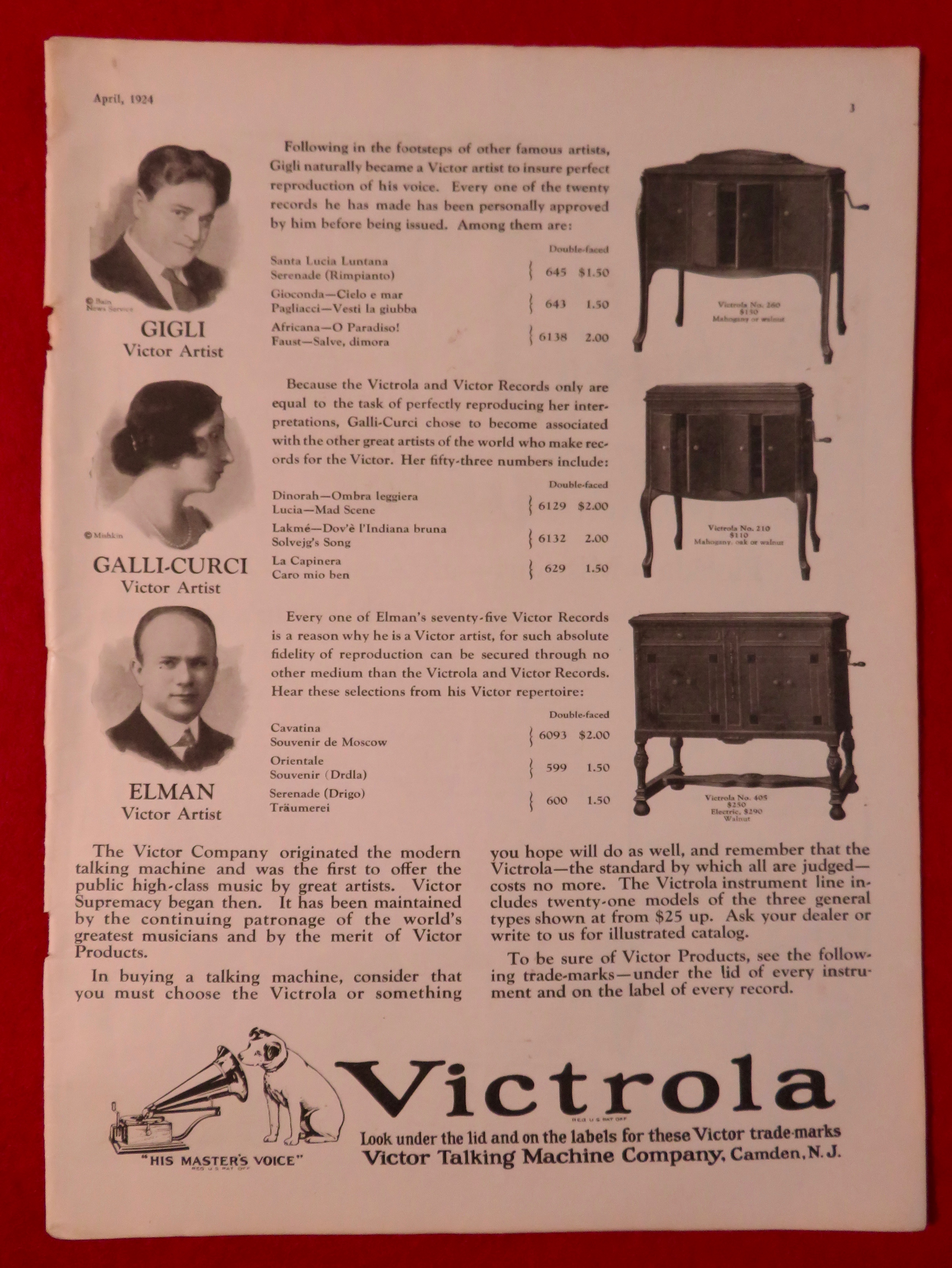 1924 Victrola with Gigli, Galli-Curci & Elman