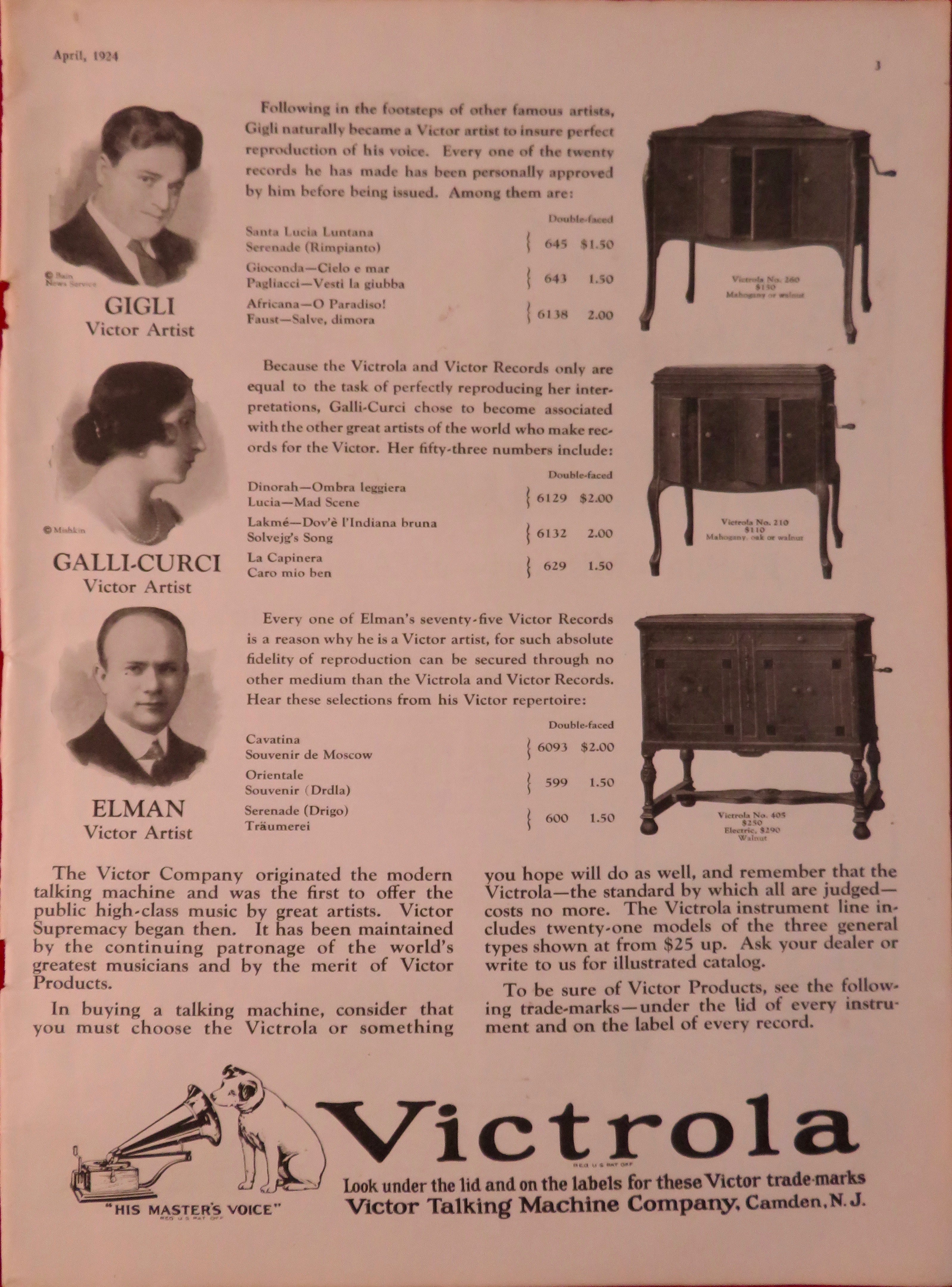 1924 Victrola with Gigli, Galli-Curci & Elman