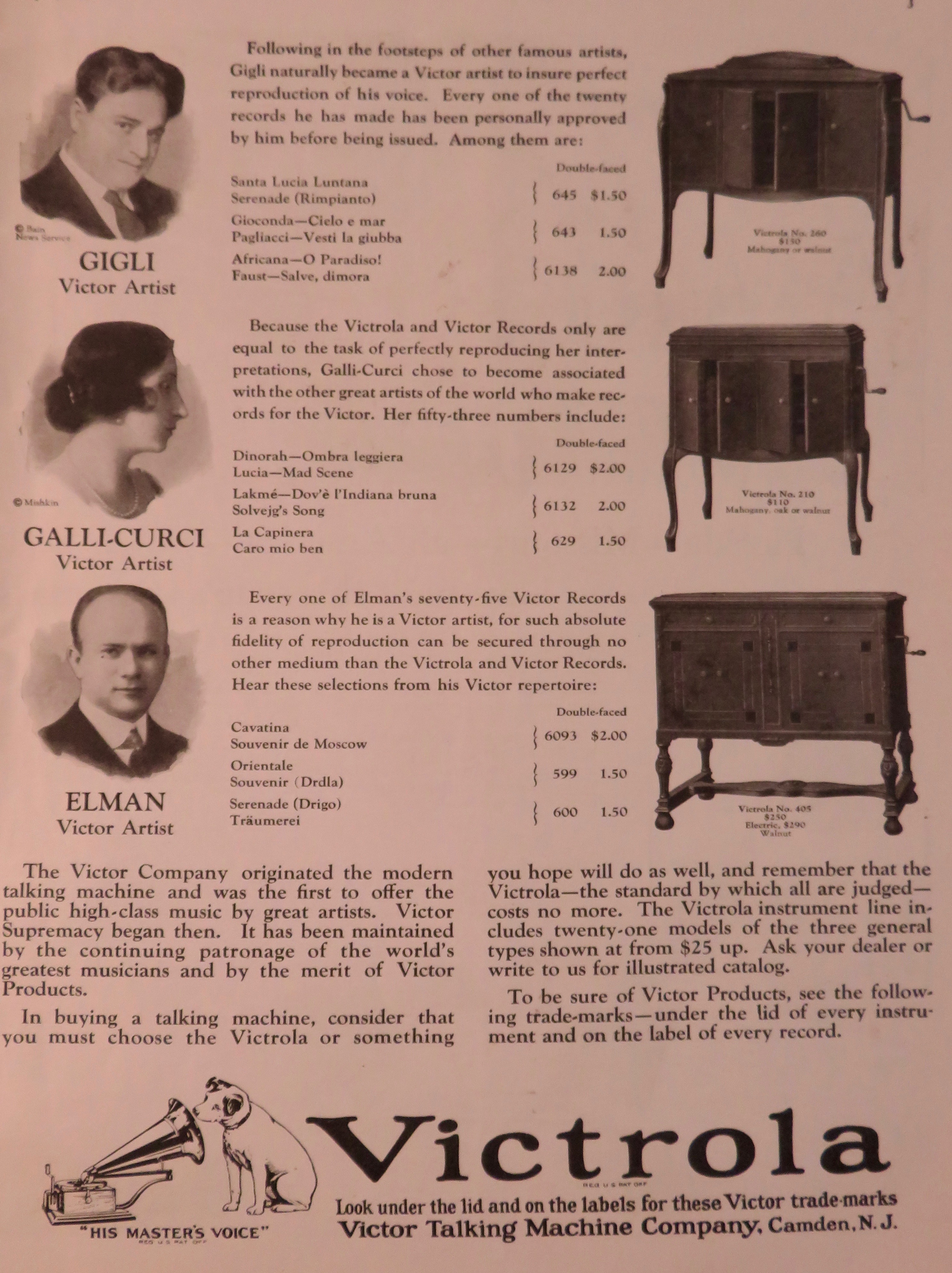 1924 Victrola with Gigli, Galli-Curci & Elman