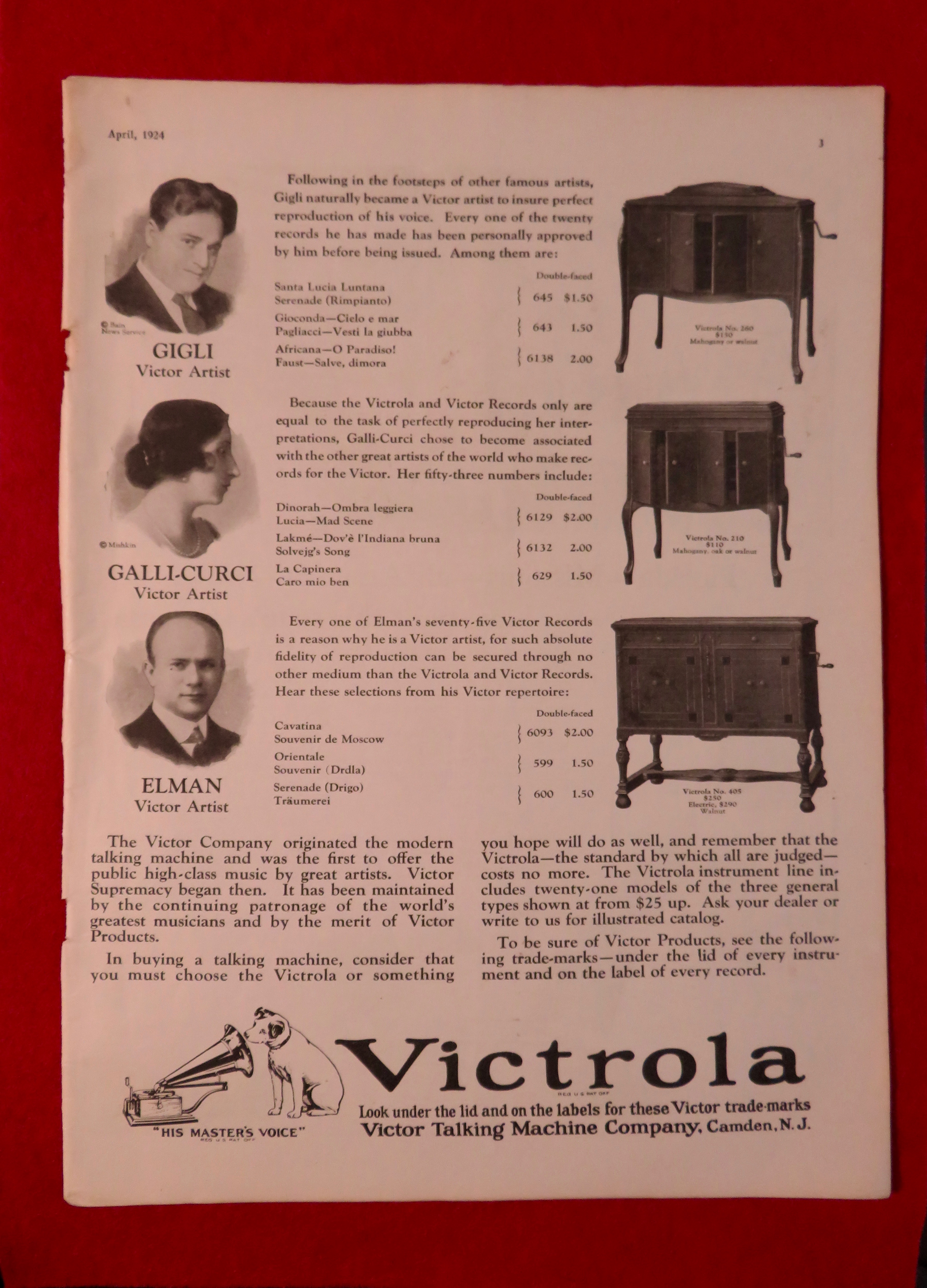 1924 Victrola with Gigli, Galli-Curci & Elman