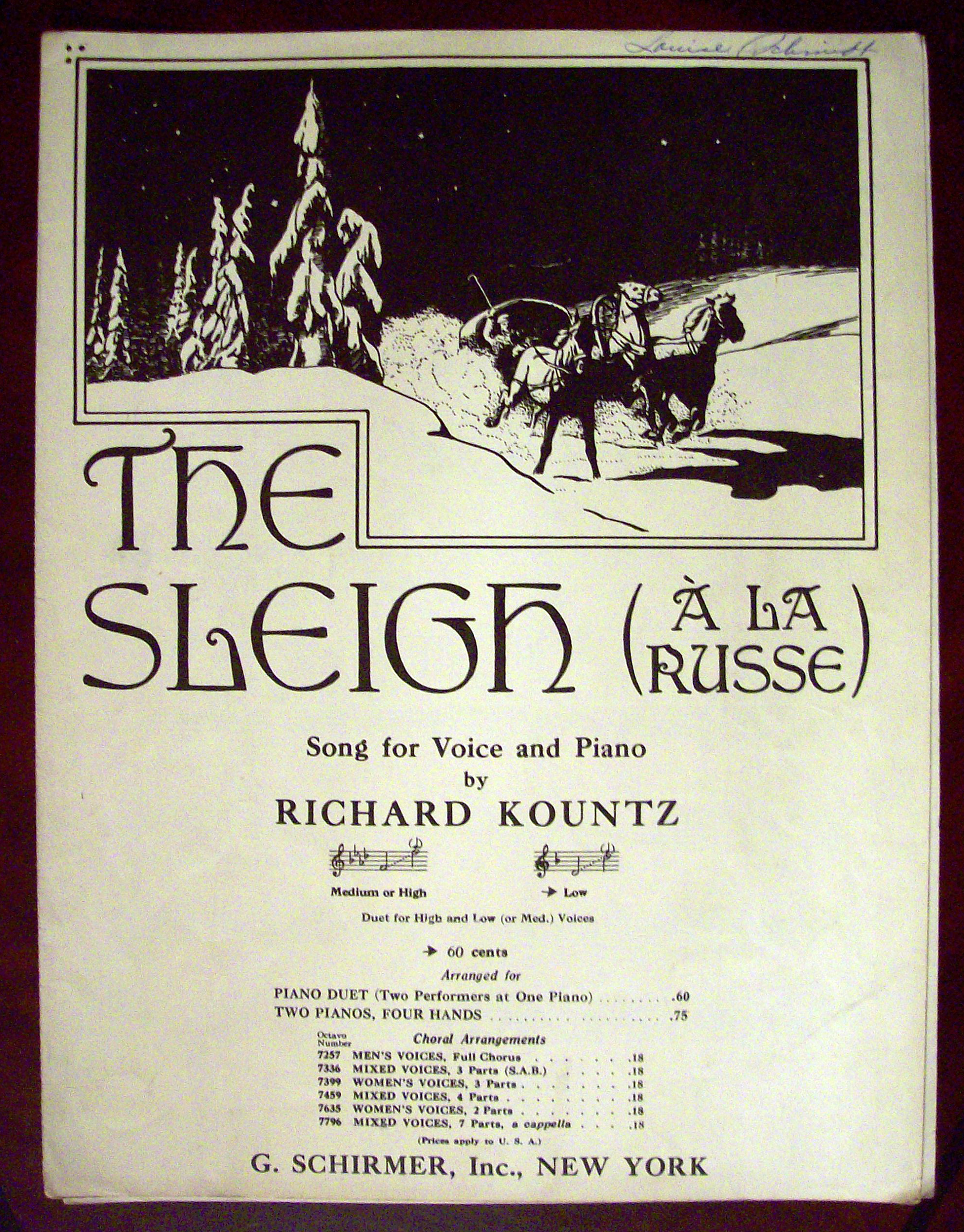 Sheet Music of 1926 The Sleigh (A La Russe)