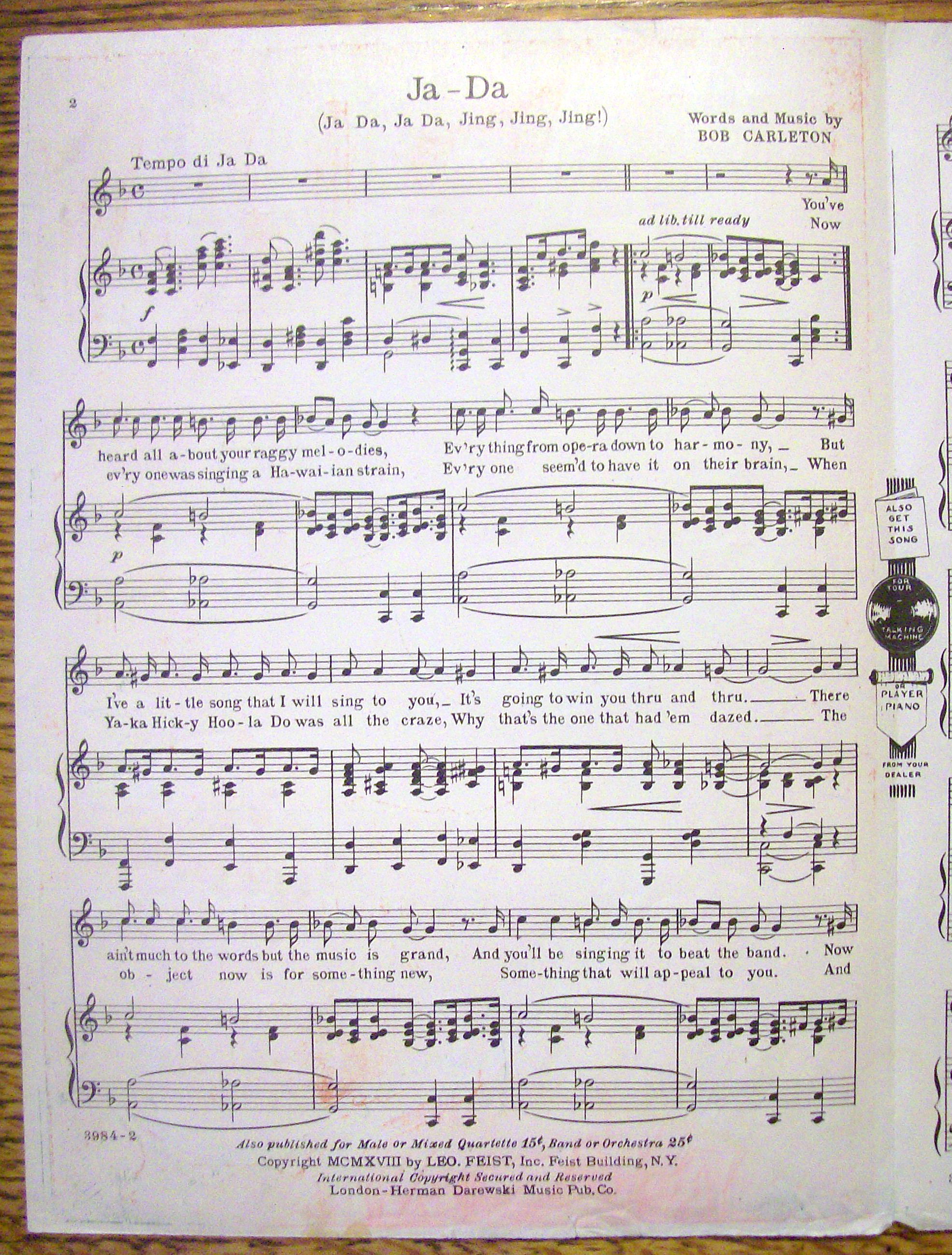 Sheet Music For 1918 Ja-Da By Bob Carleton