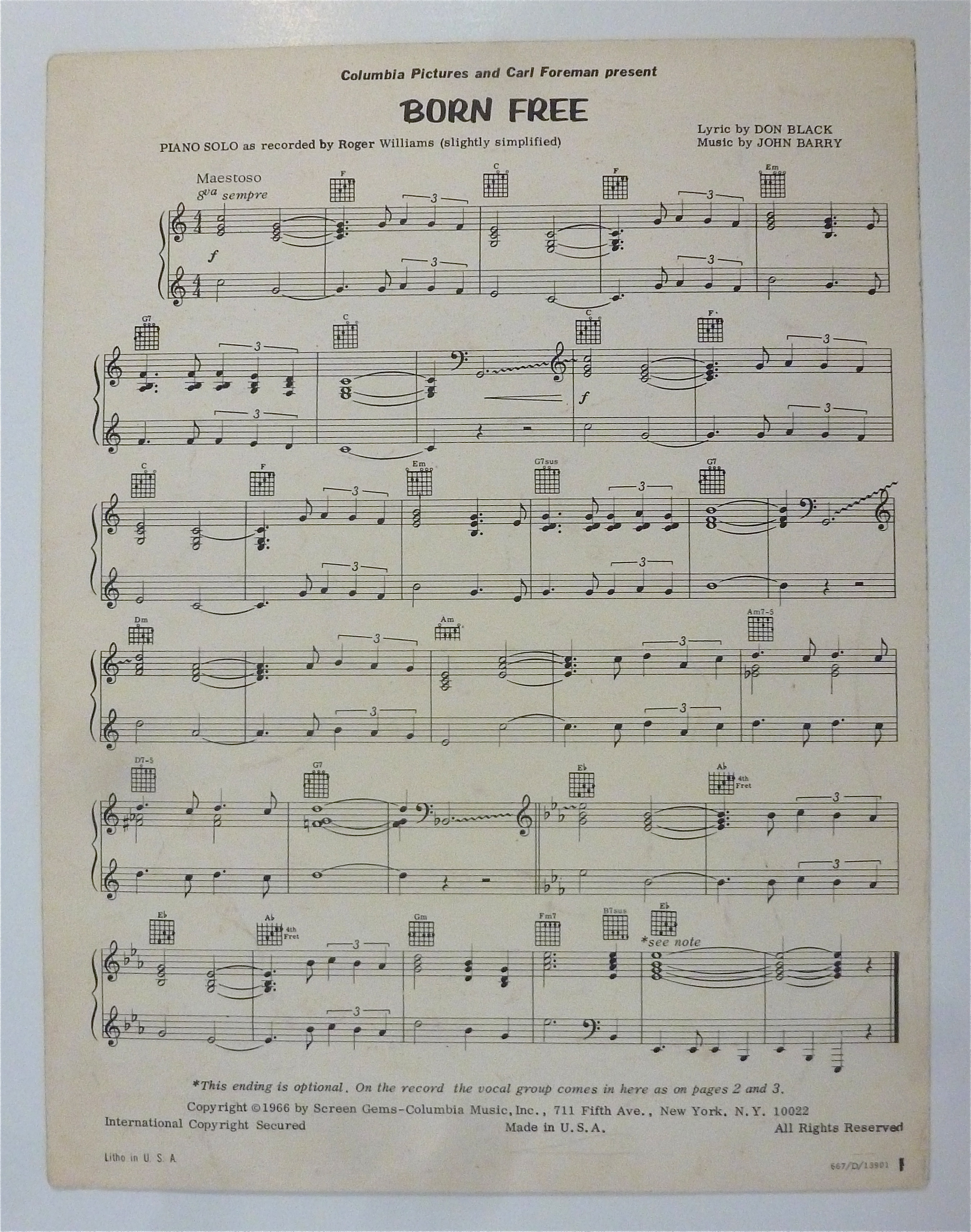 Sheet Music For 1967 Born Free
