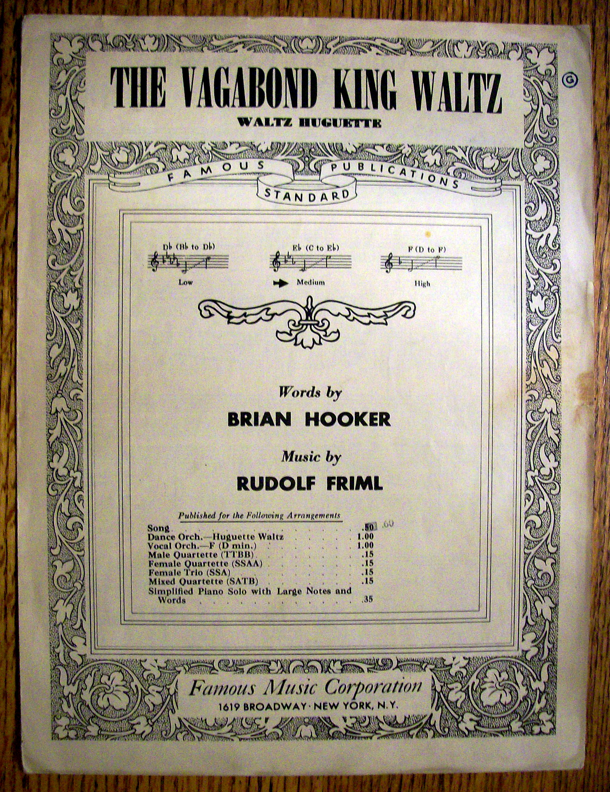 Sheet Music of 1926 The Vagabond King Waltz