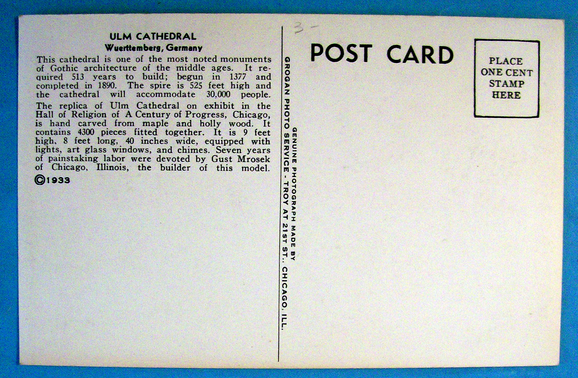 1933 Century of Progress, Ulm Cathedral Postcard