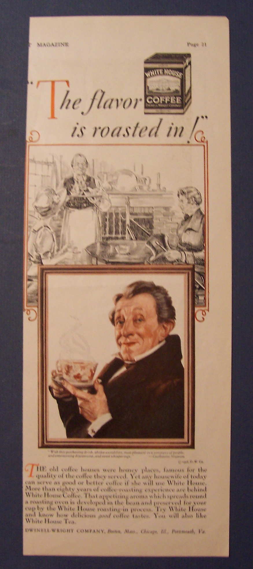 1928 White House Coffee with Man And A Scene Behind Him