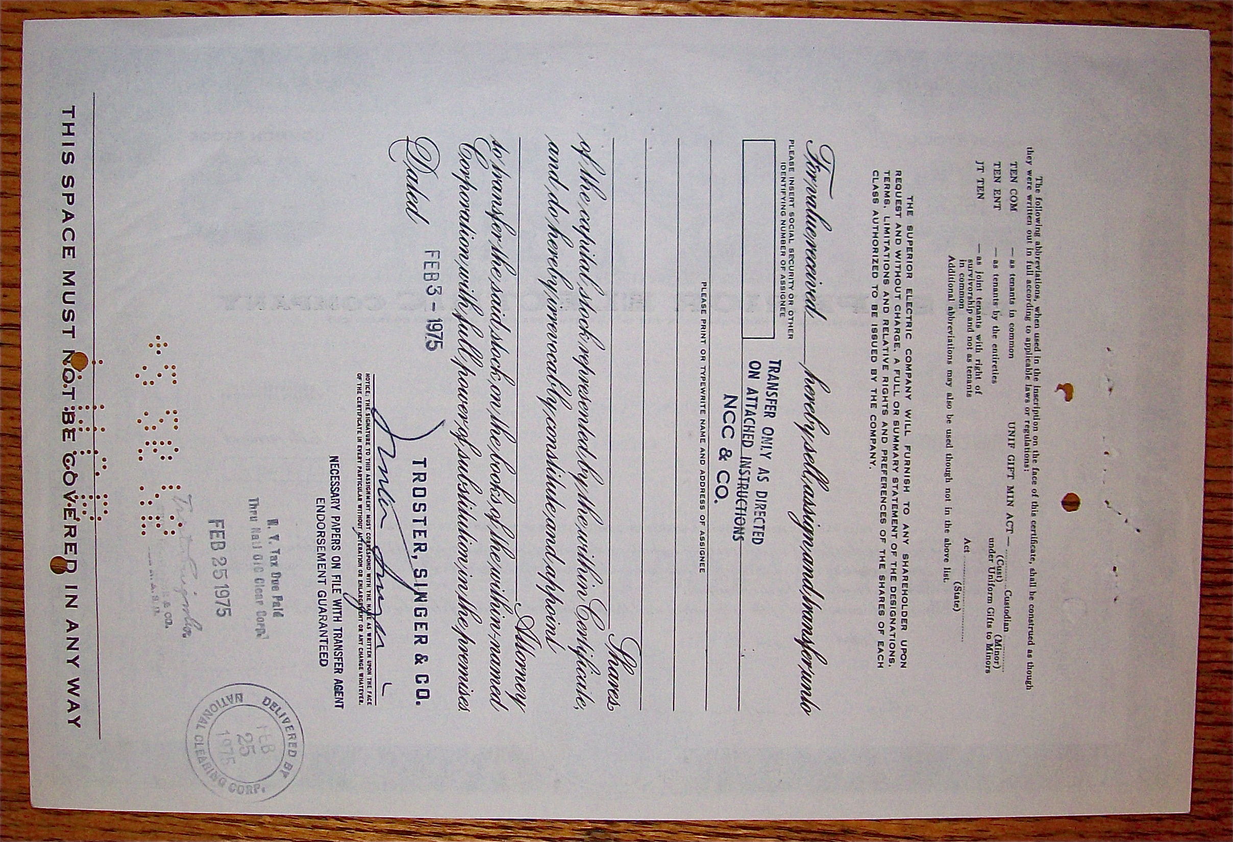 1975 Superior Electric Company Stock Certificate