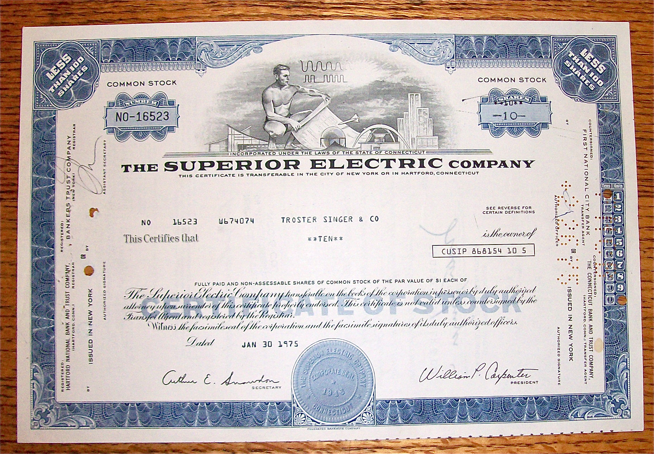 1975 Superior Electric Company Stock Certificate
