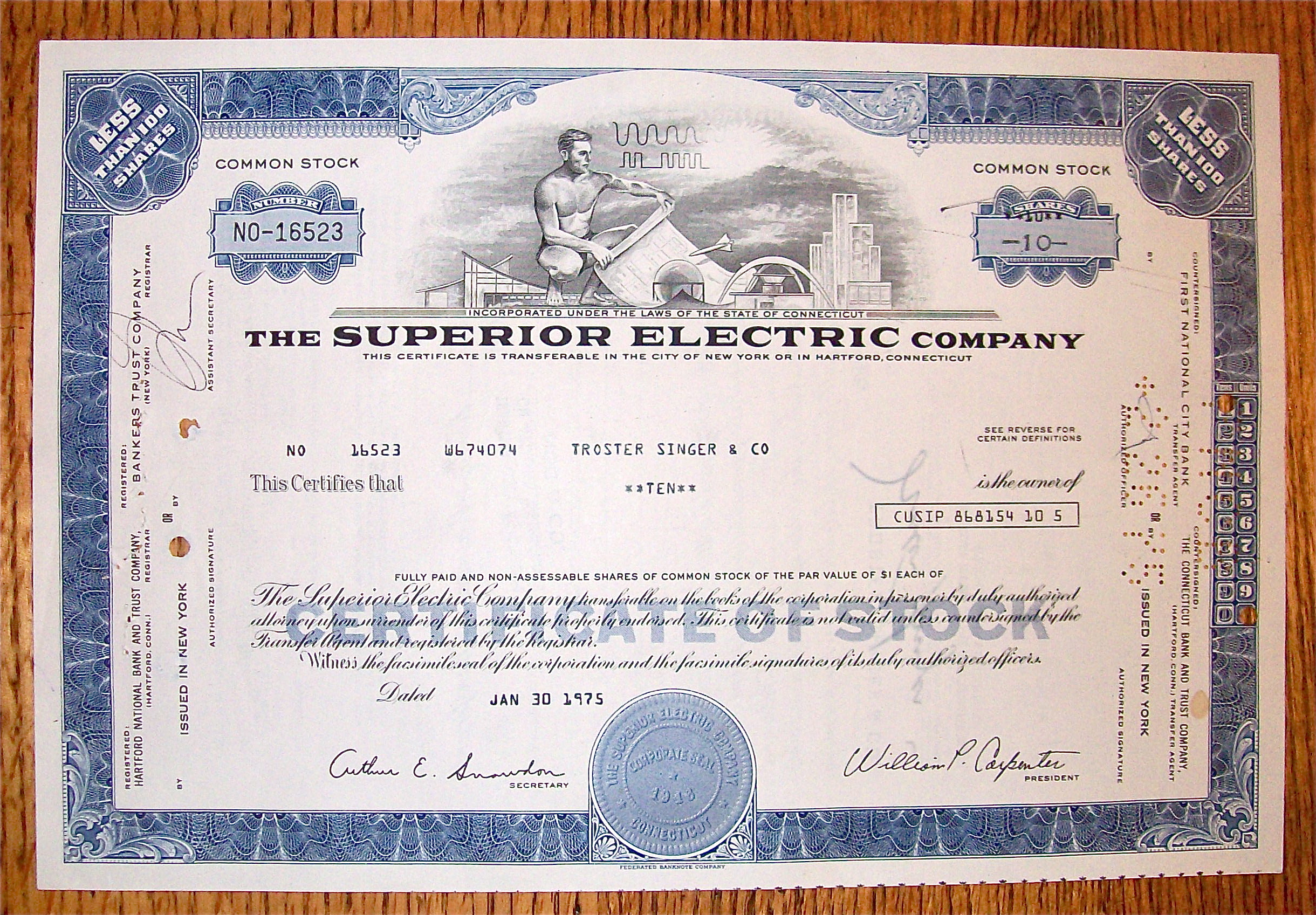 1975 Superior Electric Company Stock Certificate