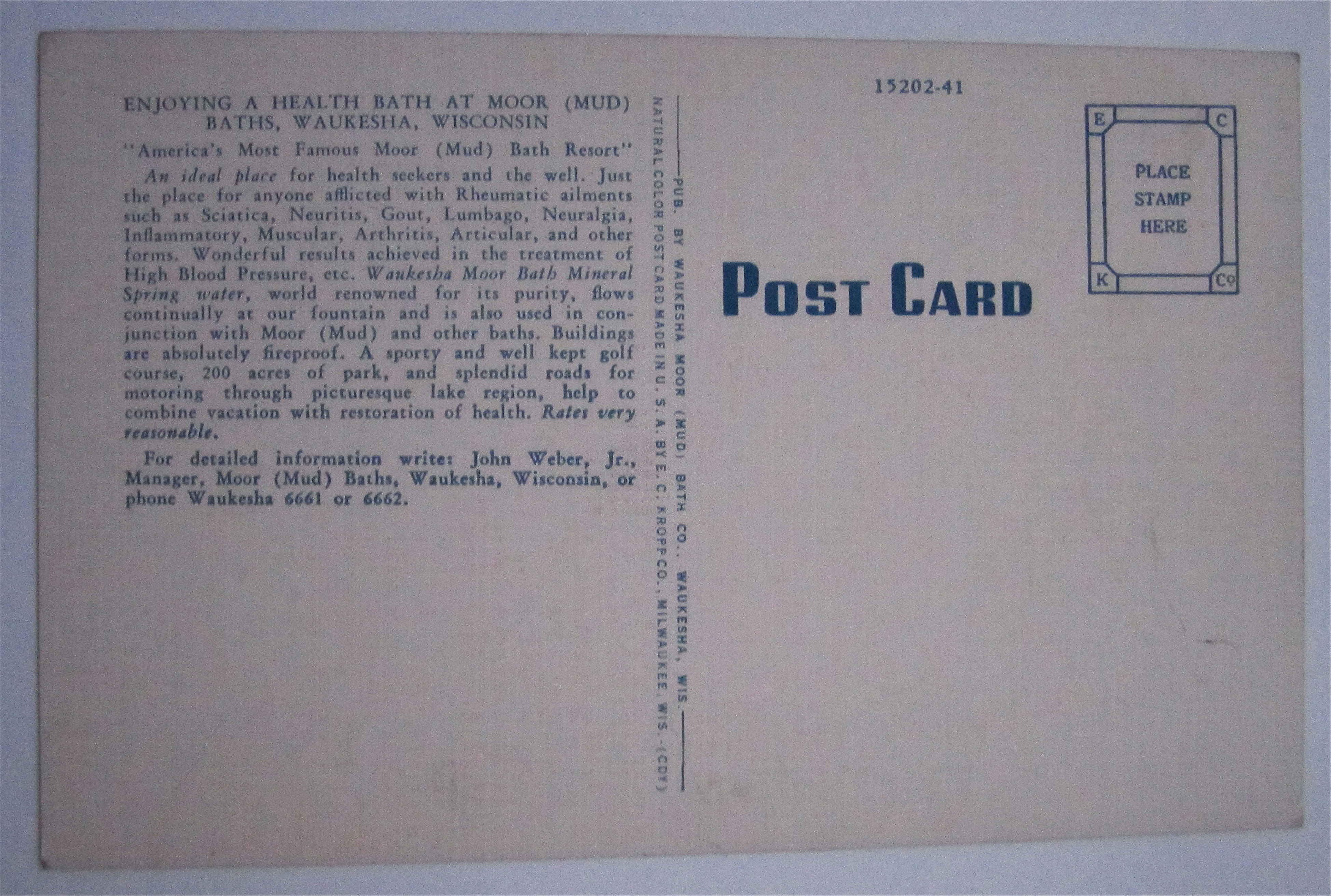 Health Bath At Moor Baths, Waukesha, WI Postcard