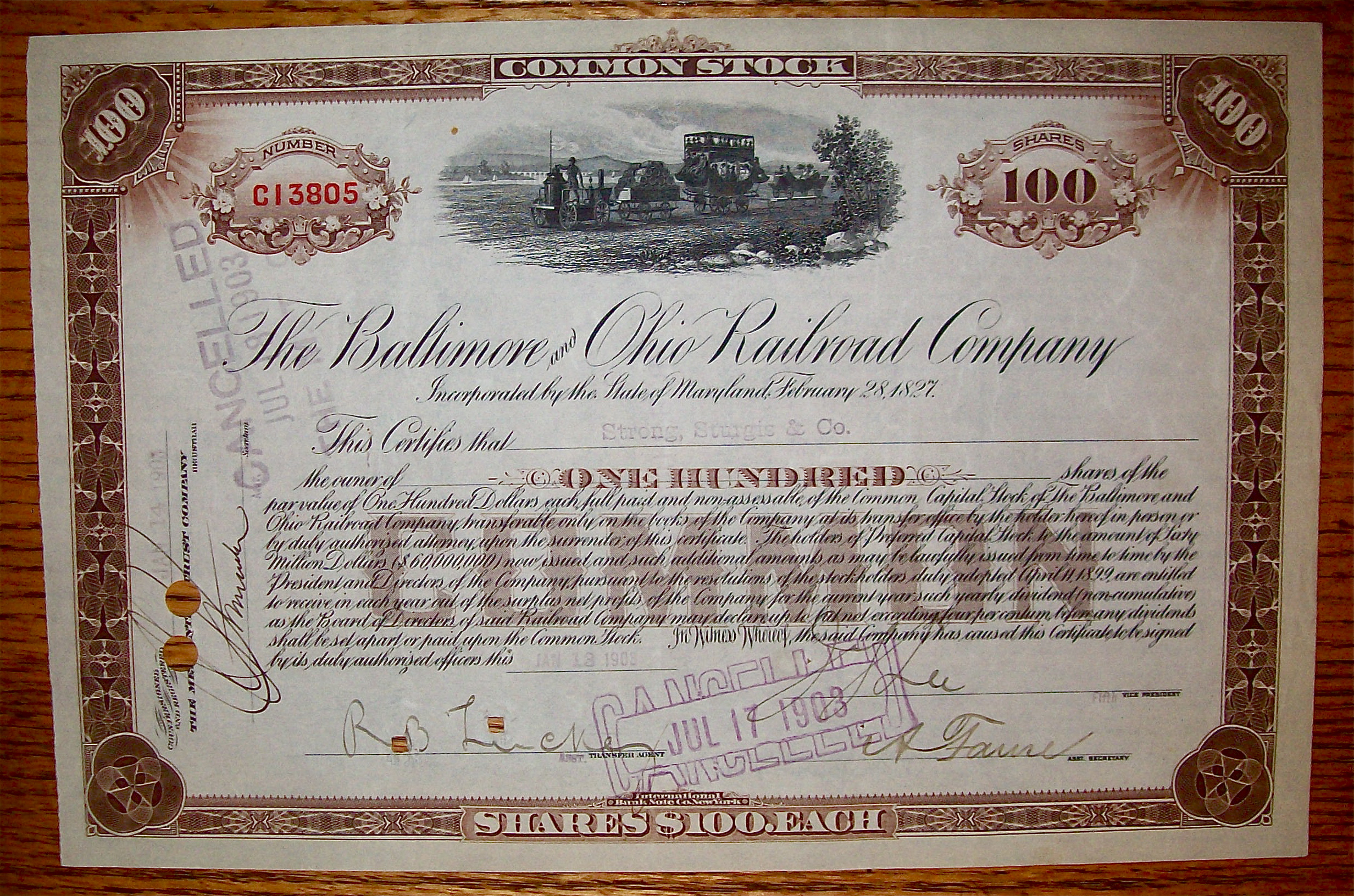 1903 Baltimore & Ohio Railroad 100 Shares Stock