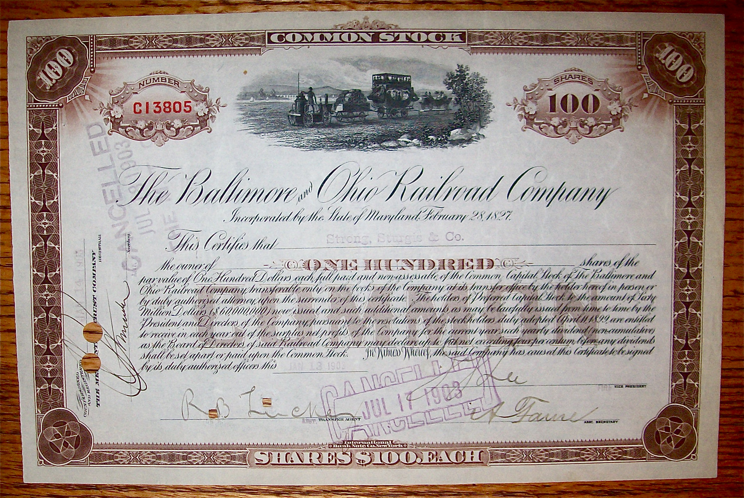 1903 Baltimore & Ohio Railroad 100 Shares Stock