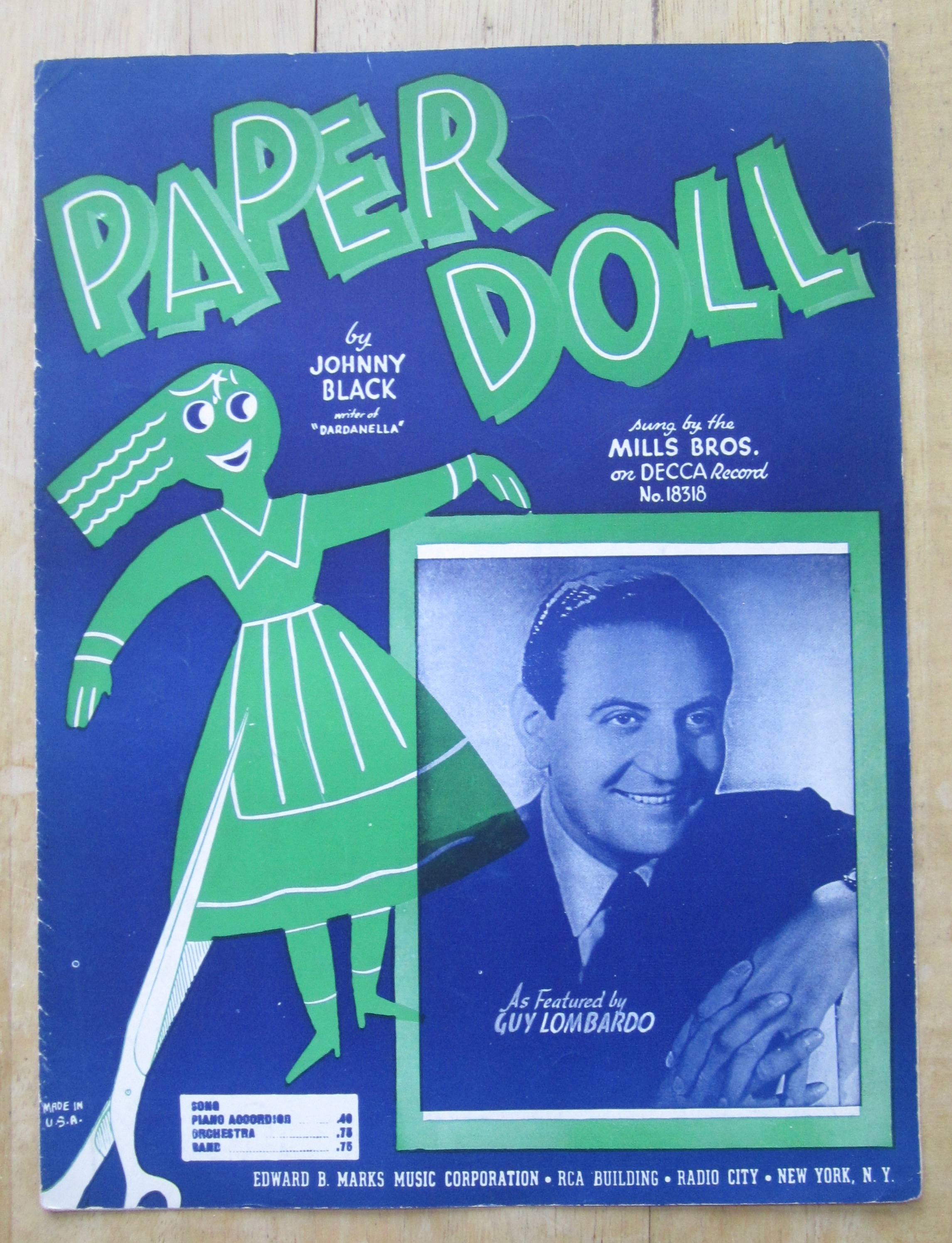 1943 Sheet Music For Paper Doll (Guy Lombardo Cover)