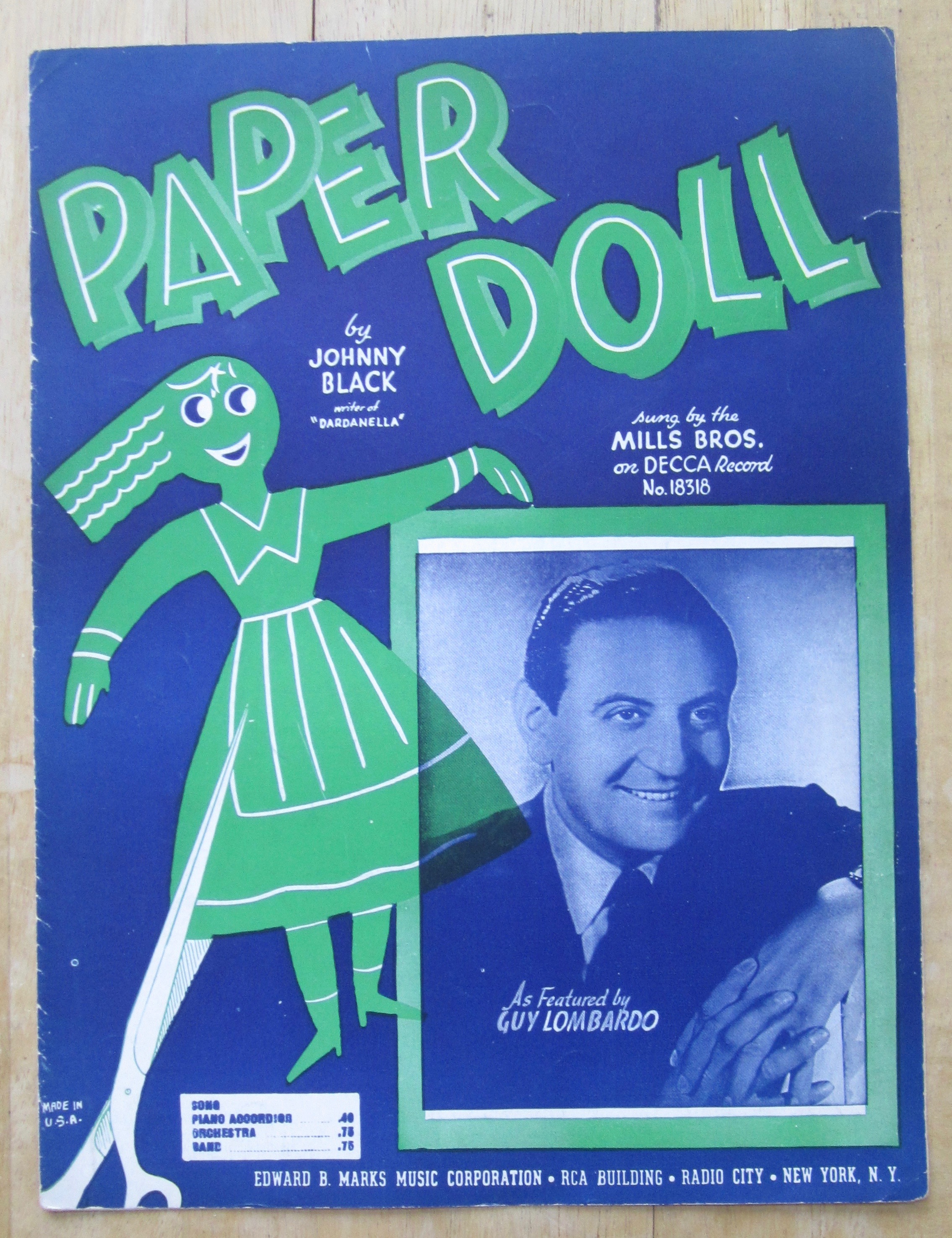 1943 Sheet Music For Paper Doll (Guy Lombardo Cover)