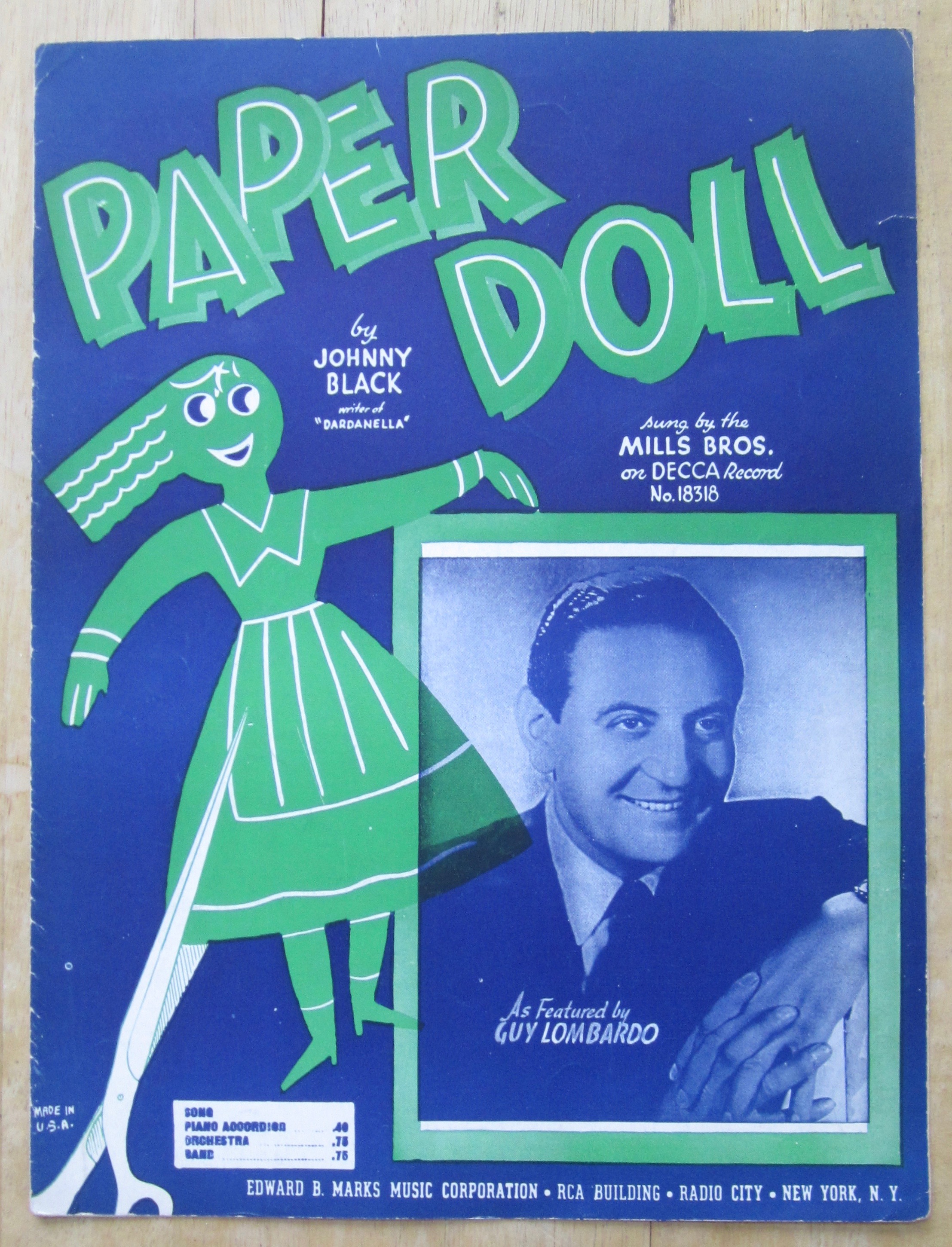 1943 Sheet Music For Paper Doll (Guy Lombardo Cover)