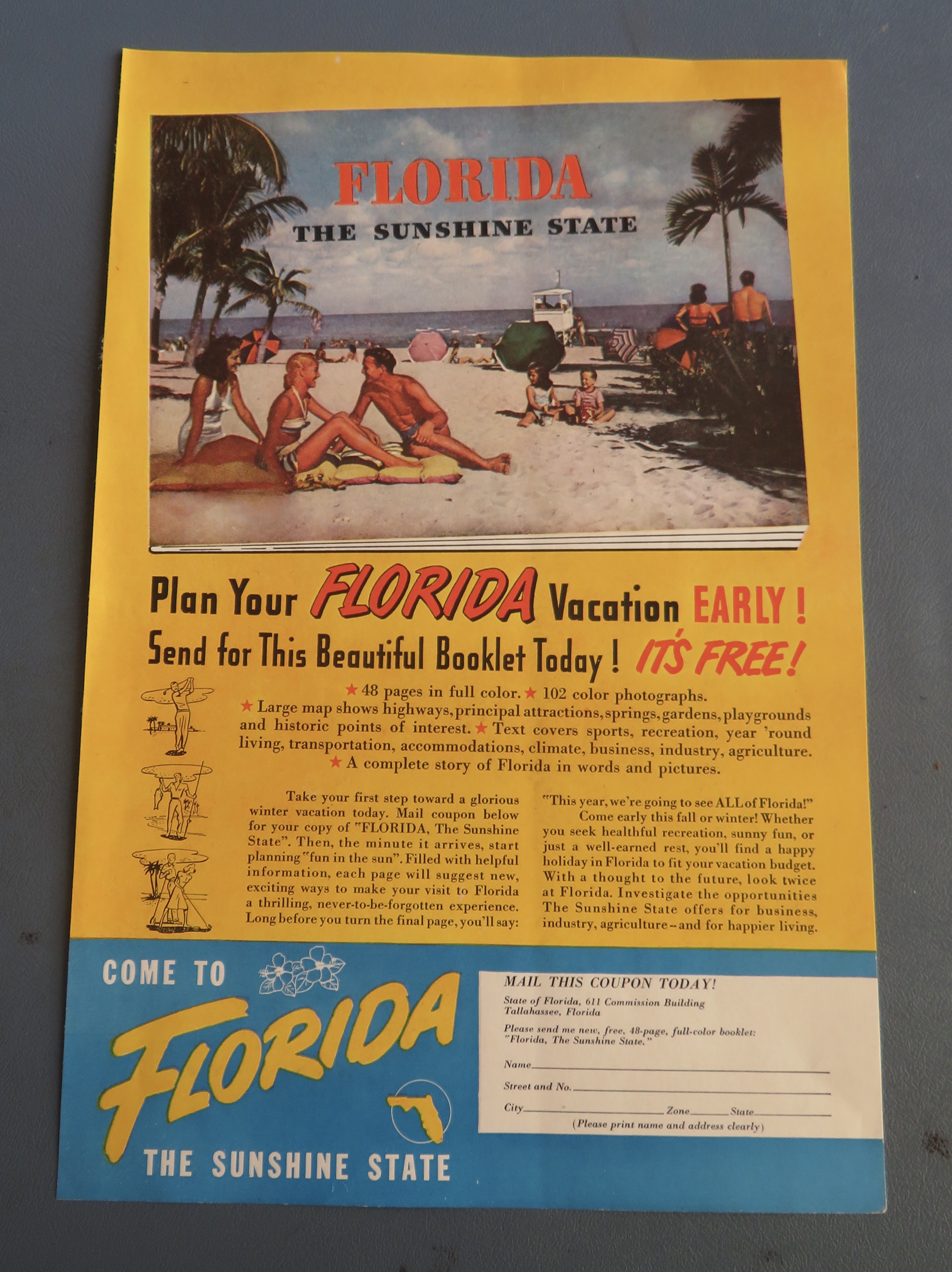1948 Come To Florida with People On The Beach
