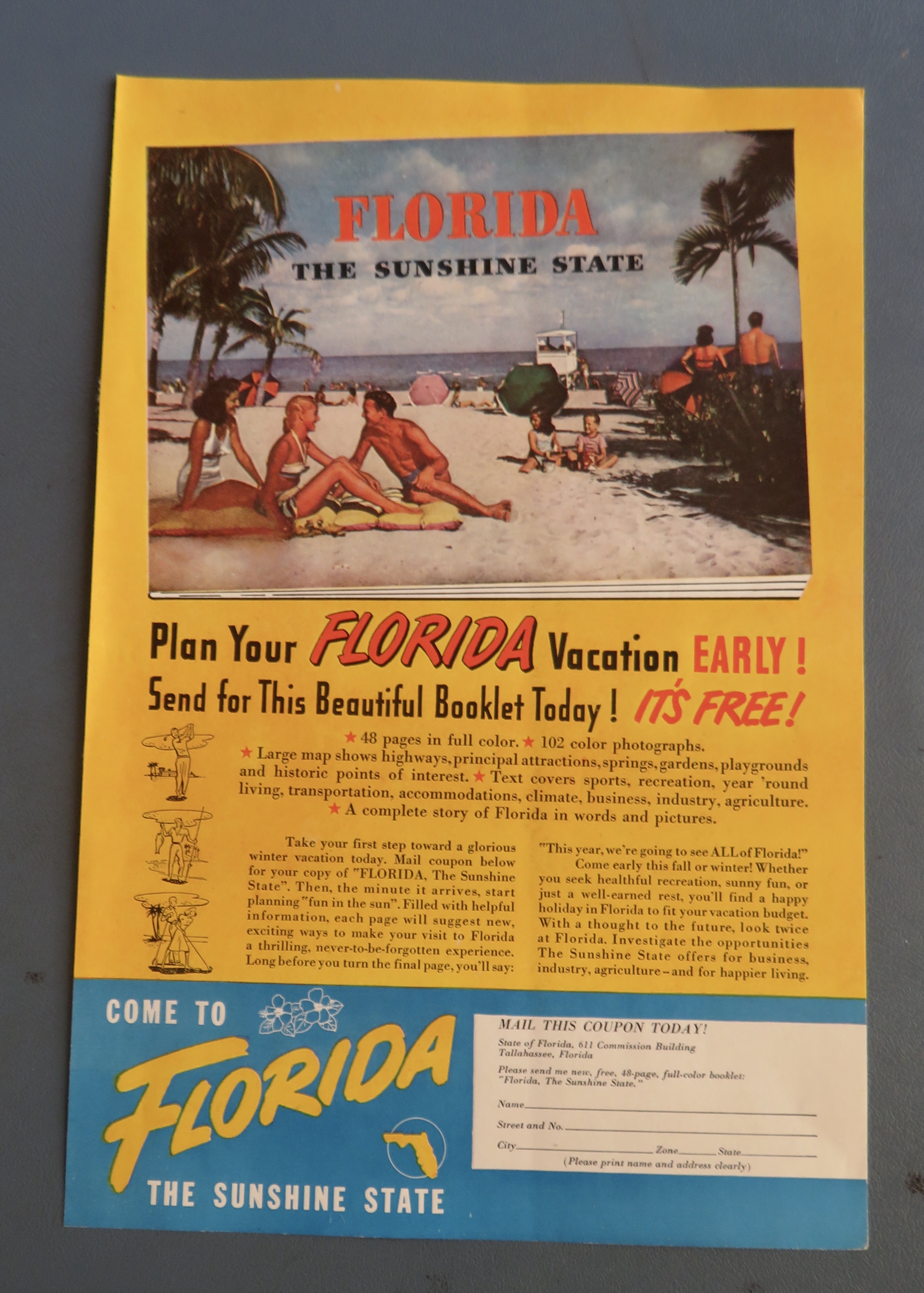 1948 Come To Florida with People On The Beach