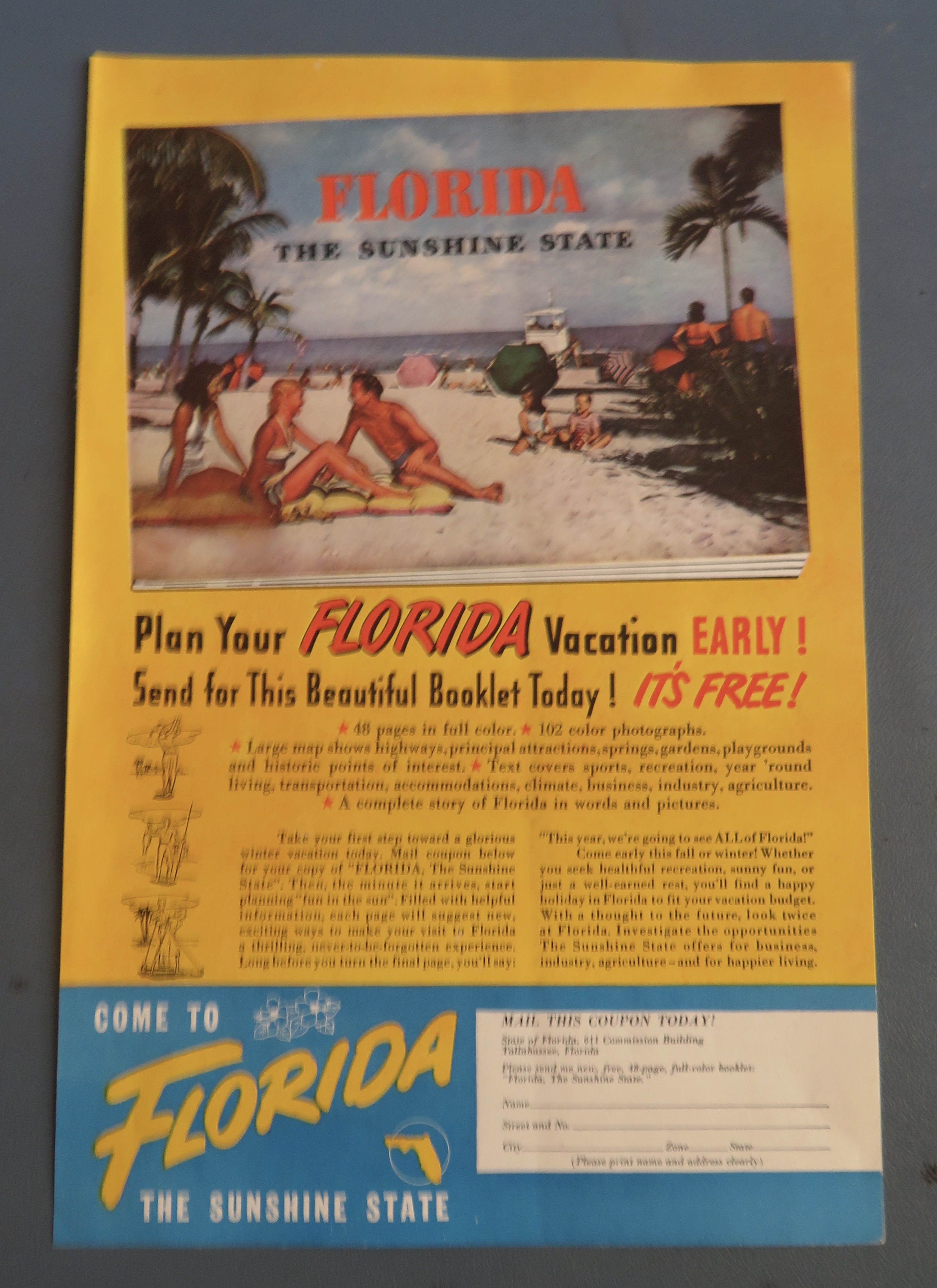 1948 Come To Florida with People On The Beach