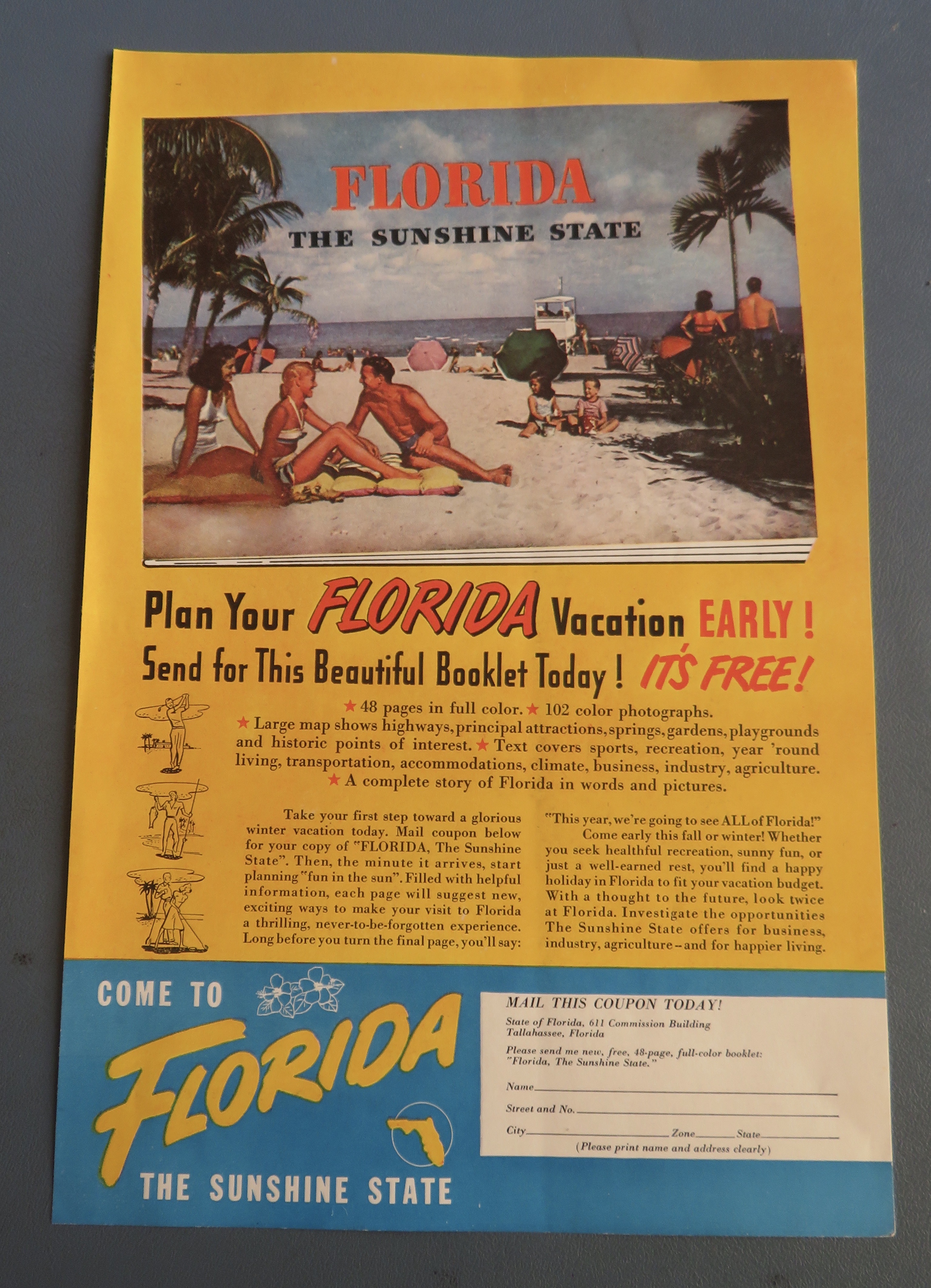 1948 Come To Florida with People On The Beach
