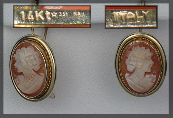 Earrings 14K Gold Shell  Cameo Leverback Earrings Italy