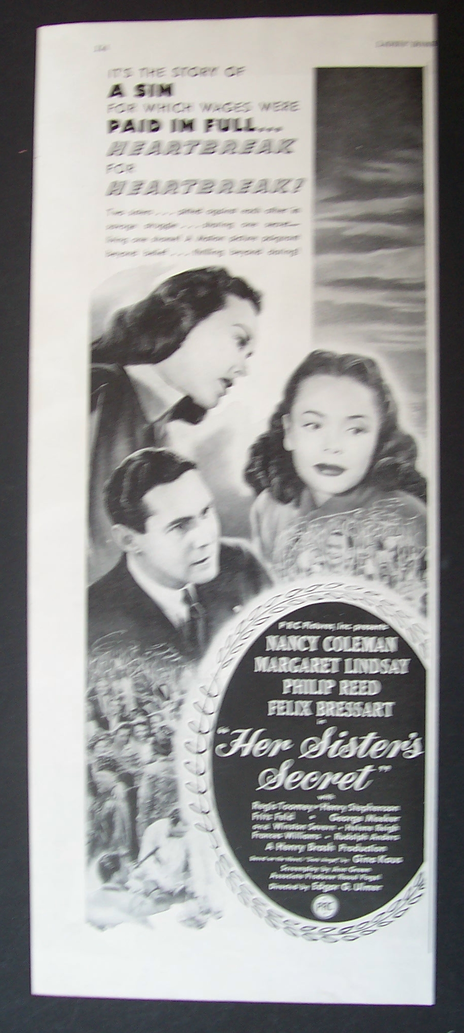 1946 Movie Ad for Her Sister's Secret