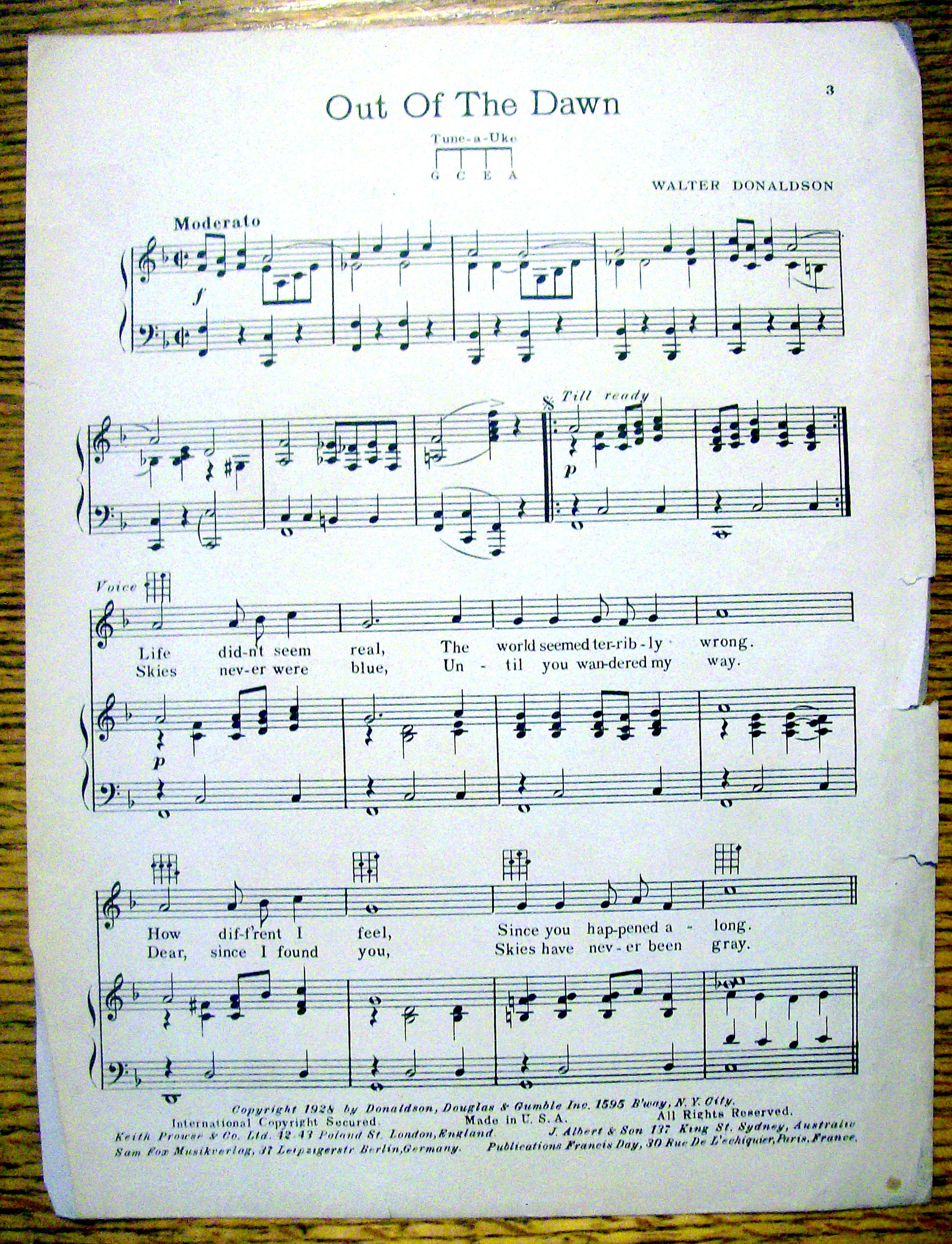 Sheet Music For 1928 Out Of The Dawn