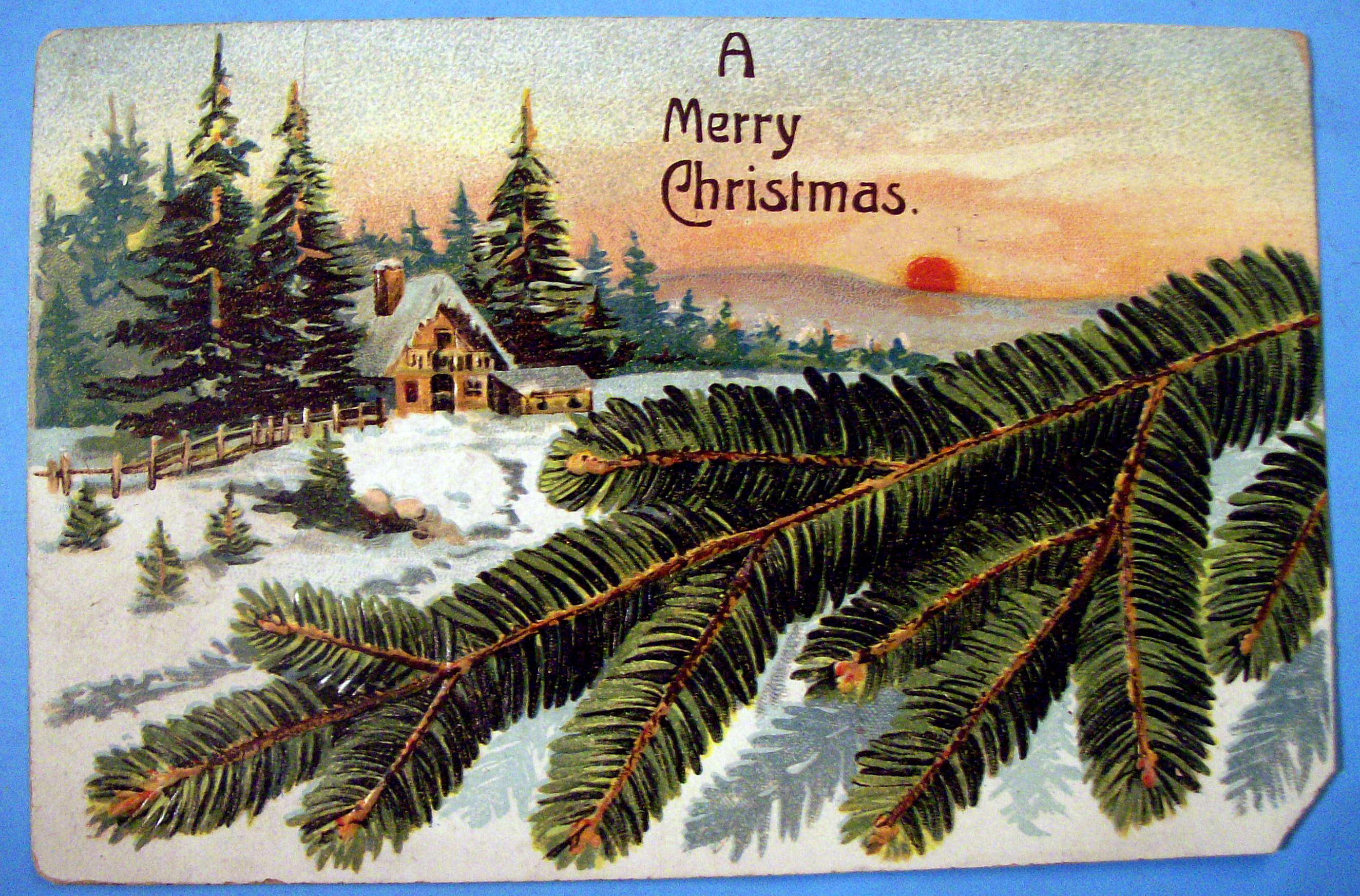 A Merry Christmas Postcard with Home Covered in Snow