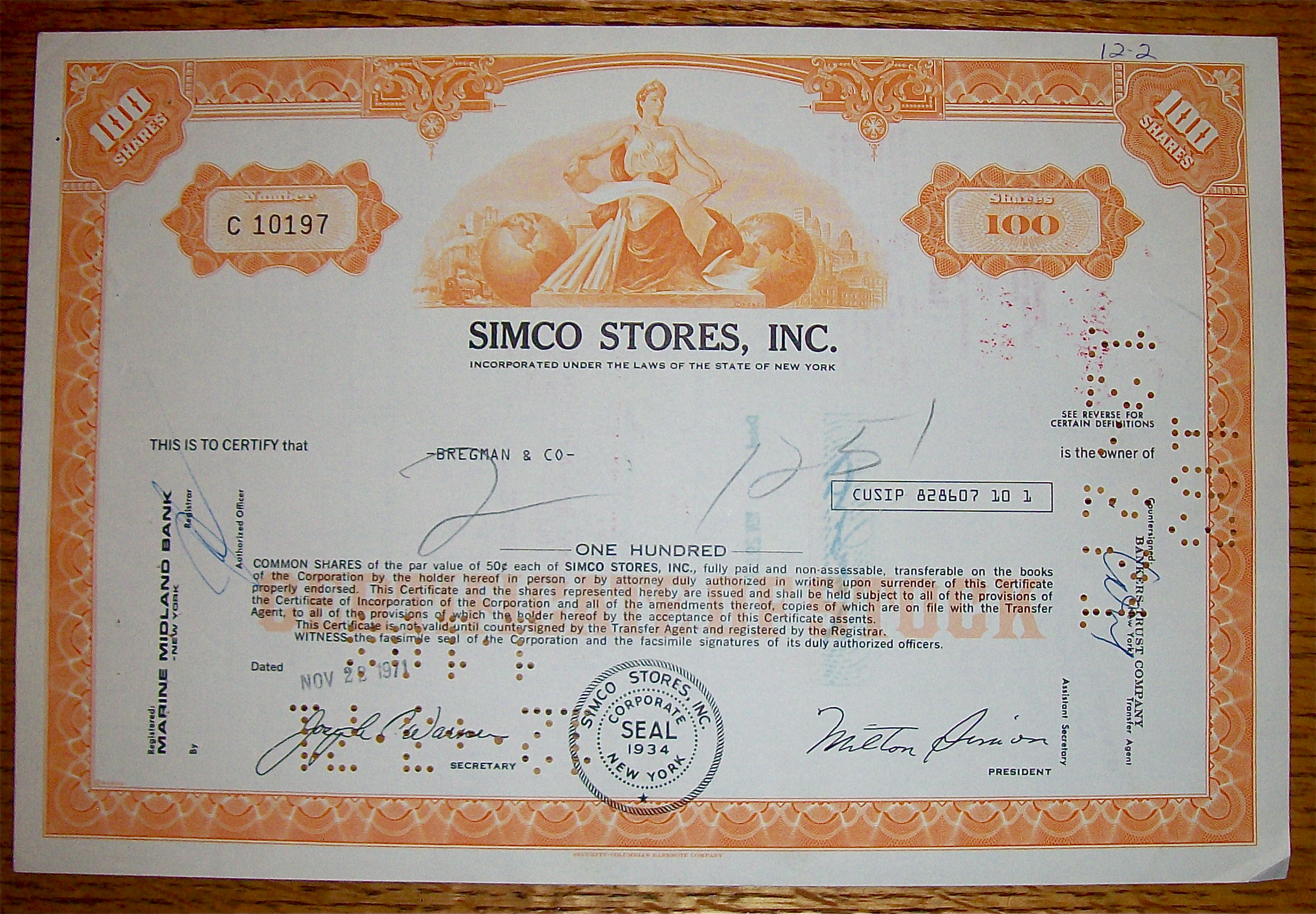1971 Simco Stores Inc. Stock Certificate